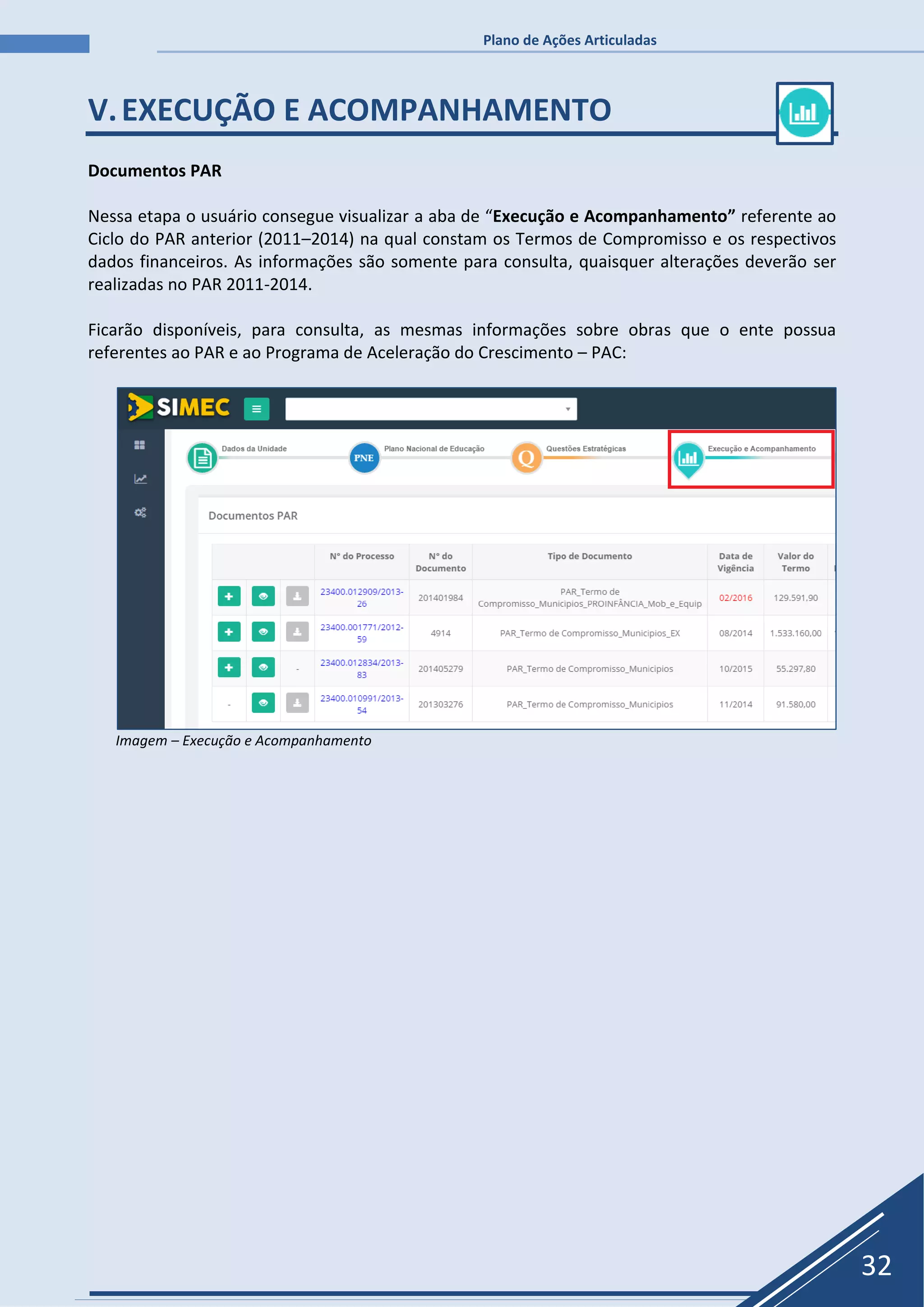 Plano de Ações Articuladas
32
V.EXECUÇÃO E ACOMPANHAMENTO
Documentos PAR
Nessa etapa o usuário consegue visualizar a aba de “Execução e Acompanhamento” referente ao
Ciclo do PAR anterior (2011–2014) na qual constam os Termos de Compromisso e os respectivos
dados financeiros. As informações são somente para consulta, quaisquer alterações deverão ser
realizadas no PAR 2011-2014.
Ficarão disponíveis, para consulta, as mesmas informações sobre obras que o ente possua
referentes ao PAR e ao Programa de Aceleração do Crescimento – PAC:
Imagem – Execução e Acompanhamento
 