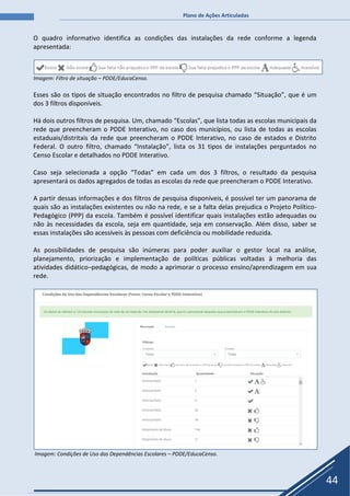 Plano de Ações Articuladas
44
O quadro informativo identifica as condições das instalações da rede conforme a legenda
apresentada:
Imagem: Filtro de situação – PDDE/EducaCenso.
Esses são os tipos de situação encontrados no filtro de pesquisa chamado “Situação”, que é um
dos 3 filtros disponíveis.
Há dois outros filtros de pesquisa. Um, chamado “Escolas”, que lista todas as escolas municipais da
rede que preencheram o PDDE Interativo, no caso dos municípios, ou lista de todas as escolas
estaduais/distritais da rede que preencheram o PDDE Interativo, no caso de estados e Distrito
Federal. O outro filtro, chamado “Instalação”, lista os 31 tipos de instalações perguntados no
Censo Escolar e detalhados no PDDE Interativo.
Caso seja selecionada a opção “Todas” em cada um dos 3 filtros, o resultado da pesquisa
apresentará os dados agregados de todas as escolas da rede que preencheram o PDDE Interativo.
A partir dessas informações e dos filtros de pesquisa disponíveis, é possível ter um panorama de
quais são as instalações existentes ou não na rede, e se a falta delas prejudica o Projeto Político-
Pedagógico (PPP) da escola. Também é possível identificar quais instalações estão adequadas ou
não às necessidades da escola, seja em quantidade, seja em conservação. Além disso, saber se
essas instalações são acessíveis às pessoas com deficiência ou mobilidade reduzida.
As possibilidades de pesquisa são inúmeras para poder auxiliar o gestor local na análise,
planejamento, priorização e implementação de políticas públicas voltadas à melhoria das
atividades didático–pedagógicas, de modo a aprimorar o processo ensino/aprendizagem em sua
rede.
Imagem: Condições de Uso das Dependências Escolares – PDDE/EducaCenso.
 