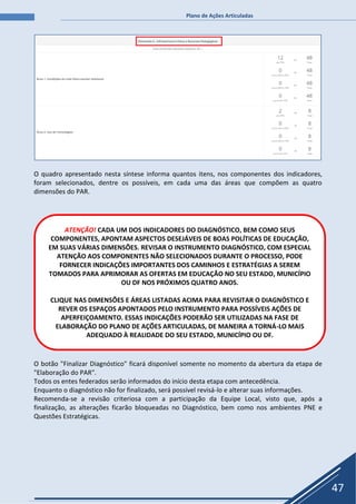 Plano de Ações Articuladas
47
O quadro apresentado nesta síntese informa quantos itens, nos componentes dos indicadores,
foram selecionados, dentre os possíveis, em cada uma das áreas que compõem as quatro
dimensões do PAR.
O botão "Finalizar Diagnóstico" ficará disponível somente no momento da abertura da etapa de
"Elaboração do PAR".
Todos os entes federados serão informados do início desta etapa com antecedência.
Enquanto o diagnóstico não for finalizado, será possível revisá-lo e alterar suas informações.
Recomenda-se a revisão criteriosa com a participação da Equipe Local, visto que, após a
finalização, as alterações ficarão bloqueadas no Diagnóstico, bem como nos ambientes PNE e
Questões Estratégicas.
ATENÇÃO! CADA UM DOS INDICADORES DO DIAGNÓSTICO, BEM COMO SEUS
COMPONENTES, APONTAM ASPECTOS DESEJÁVEIS DE BOAS POLÍTICAS DE EDUCAÇÃO,
EM SUAS VÁRIAS DIMENSÕES. REVISAR O INSTRUMENTO DIAGNÓSTICO, COM ESPECIAL
ATENÇÃO AOS COMPONENTES NÃO SELECIONADOS DURANTE O PROCESSO, PODE
FORNECER INDICAÇÕES IMPORTANTES DOS CAMINHOS E ESTRATÉGIAS A SEREM
TOMADOS PARA APRIMORAR AS OFERTAS EM EDUCAÇÃO NO SEU ESTADO, MUNICÍPIO
OU DF NOS PRÓXIMOS QUATRO ANOS.
CLIQUE NAS DIMENSÕES E ÁREAS LISTADAS ACIMA PARA REVISITAR O DIAGNÓSTICO E
REVER OS ESPAÇOS APONTADOS PELO INSTRUMENTO PARA POSSÍVEIS AÇÕES DE
APERFEIÇOAMENTO. ESSAS INDICAÇÕES PODERÃO SER UTILIZADAS NA FASE DE
ELABORAÇÃO DO PLANO DE AÇÕES ARTICULADAS, DE MANEIRA A TORNÁ-LO MAIS
ADEQUADO À REALIDADE DO SEU ESTADO, MUNICÍPIO OU DF.
 