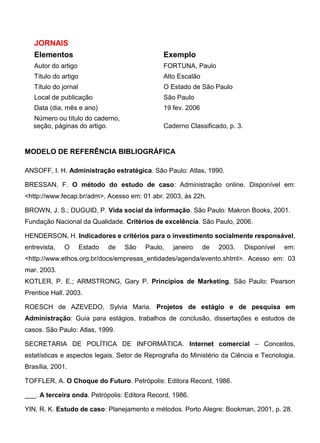 JORNAIS
Elementos Exemplo
Autor do artigo FORTUNA, Paulo
Título do artigo Alto Escalão
Título do jornal O Estado de São Paulo
Local de publicação São Paulo
Data (dia, mês e ano) 19 fev. 2006
Número ou título do caderno,
seção, páginas do artigo. Caderno Classificado, p. 3.
MODELO DE REFERÊNCIA BIBLIOGRÁFICA
ANSOFF, I. H. Administração estratégica. São Paulo: Atlas, 1990.
BRESSAN, F. O método do estudo de caso: Administração online. Disponível em:
<http://www.fecap.br/adm>. Acesso em: 01 abr. 2003, às 22h.
BROWN, J. S.; DUGUID, P. Vida social da informação. São Paulo: Makron Books, 2001.
Fundação Nacional da Qualidade. Critérios de excelência. São Paulo, 2006.
HENDERSON, H. Indicadores e critérios para o investimento socialmente responsável,
entrevista, O Estado de São Paulo, janeiro de 2003. Disponível em:
<http://www.ethos.org.br/docs/empresas_entidades/agenda/evento.shtml>. Acesso em: 03
mar. 2003.
KOTLER, P. E.; ARMSTRONG, Gary P. Princípios de Marketing. São Paulo: Pearson
Prentice Hall. 2003.
ROESCH de AZEVEDO, Sylvia Maria. Projetos de estágio e de pesquisa em
Administração: Guia para estágios, trabalhos de conclusão, dissertações e estudos de
casos. São Paulo: Atlas, 1999.
SECRETARIA DE POLÍTICA DE INFORMÁTICA. Internet comercial – Conceitos,
estatísticas e aspectos legais. Setor de Reprografia do Ministério da Ciência e Tecnologia.
Brasília, 2001.
TOFFLER, A. O Choque do Futuro. Petrópolis: Editora Record, 1986.
___. A terceira onda. Petrópolis: Editora Record, 1986.
YIN, R. K. Estudo de caso: Planejamento e métodos. Porto Alegre: Bookman, 2001, p. 28.
 