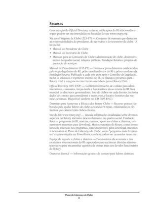 Recursos
Com exceção do Ofﬁcial Directory, todas as publicações do RI relacionadas a
seguir podem ser encomendadas ou baixadas do site www.rotary.org.
Kit para Dirigente de Clube (225-PT) — Conjunto de manuais que destacam
as responsabilidades do presidente, do secretário e do tesoureiro do clube. O
kit inclui:
• Manual do Presidente de Clube
• Manual do Secretário de Clube
• Manuais para as Comissões de Clube (administração do clube, desenvolvi-
   mento do quadro social, relações públicas, Fundação Rotária e projetos de
   prestação de serviços
Manual de Procedimento (035-PT) — Normas e procedimentos estabelecidos
pelo órgão legislativo do RI, pelo conselho diretor do RI e pelos curadores da
Fundação Rotária. Publicado a cada três anos após o Conselho de Legislação,
inclui os estatutos e regimento interno do RI, os estatutos prescritos para o
Rotary Club e o regimento interno recomendado para o Rotary Club.
Ofﬁcial Directory (007-ENP) — Contém informações de contato para admi-
nistradores, comissões, forças-tarefa e funcionários da secretaria do RI; lista
mundial de distritos e governadores; lista de clubes em cada distrito, inclusive
dados de contato para presidentes e secretários, e locais e horários das reu-
niões semanais. Disponível também em CD (007-ENC).
Diretrizes para Aumentar a Eﬁcácia dos Rotary Clubs — Recurso prático ela-
borado para ajudar líderes de clube a estabelecer metas, enfatizando os ele-
mentos que caracterizam clubes eﬁcazes.
Site do RI (www.rotary.org) — Veicula informações atualizadas sobre diversos
aspectos do Rotary, inclusive desenvolvimento do quadro social, Fundação
Rotária, programas do RI, notícias, eventos, apoio aos clubes e distritos, trei-
namento e materiais para download. Muitos materiais do Rotary, como formu-
lários de inscrição nos programas, estão disponíveis para download. Recursos
relacionados ao Plano de Liderança de Clube, como “perguntas mais freqüen-
tes” e apresentações em PowerPoint, também podem ser acessados nesse site.
Equipe de suporte a clubes e distritos — Funcionários da secretaria e dos
escritórios internacionais do RI capacitados para esclarecer dúvidas adminis-
trativas ou para encaminhar questões de outras áreas aos devidos funcionários
do Rotary.
Diretório distrital — Informações gerais e de contato para líderes distritais.




              Plano de Liderança de Clube
                           8
 