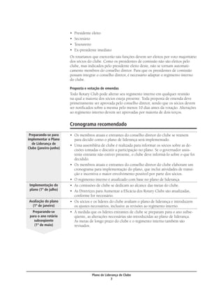 •   Presidente eleito
                        •   Secretário
                        •   Tesoureiro
                        •   Ex-presidente imediato
                        Os rotarianos que exercerão tais funções devem ser eleitos por voto majoritário
                        dos sócios do clube. Como os presidentes de comissão não são eleitos pelo
                        clube, mas indicados pelo presidente eleito deste, não se tornam automati-
                        camente membros do conselho diretor. Para que os presidentes de comissão
                        possam integrar o conselho diretor, é necessário adaptar o regimento interno
                        do clube.

                        Proposta e votação de emendas
                        Todo Rotary Club pode alterar seu regimento interno em qualquer reunião
                        na qual a maioria dos sócios esteja presente. Toda proposta de emenda deve
                        primeiramente ser aprovada pelo conselho diretor, sendo que os sócios devem
                        ser notiﬁcados sobre a mesma pelo menos 10 dias antes da votação. Alterações
                        ao regimento interno devem ser aprovadas por maioria de dois terços.


                        Cronograma recomendado

 Preparando-se para     • Os membros atuais e entrantes do conselho diretor do clube se reúnem
implementar o Plano       para decidir como o plano de liderança será implementado.
   de Liderança de      • Uma assembléia de clube é realizada para informar os sócios sobre as de-
Clube (janeiro-junho)
                          cisões tomadas e discutir a participação no plano. Se o governador assis-
                          tente entrante não estiver presente, o clube deve informá-lo sobre o que foi
                          decidido.
                        • Os membros atuais e entrantes do conselho diretor do clube elaboram um
                          cronograma para implementação do plano, que inclui atividades de transi-
                          ção e incentiva o maior envolvimento possível por parte dos sócios.
                        • O regimento interno é atualizado com base no plano de liderança.
 Implementação do       • As comissões de clube se dedicam ao alcance das metas do clube.
 plano (1º de julho)    • As Diretrizes para Aumentar a Eﬁcácia dos Rotary Clubs são atualizadas,
                          conforme for necessário.
Avaliação do plano      • Os sócios e os líderes do clube avaliam o plano de liderança e introduzem
  (1º de janeiro)         os ajustes necessários, inclusive as revisões ao regimento interno.
   Preparando-se        • À medida que os líderes entrantes de clube se preparam para o ano subse-
 para o ano rotário       qüente, as alterações necessárias são introduzidas ao plano de liderança.
    subseqüente           As metas de longo prazo do clube e o regimento interno também são
    (1º de maio)          revisados.




                                      Plano de Liderança de Clube
                                                   7
 