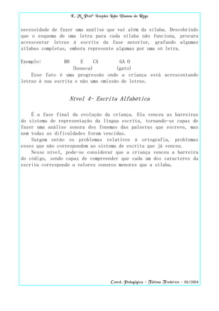 E. M. Profª Iraydes Lobo Vianna do Rego


necessidade de fazer uma análise que vai além da sílaba. Descobrindo
que o esquema de uma letra para cada sílaba não funciona, procura
acrescentar letras à escrita da fase anterior, grafando algumas
sílabas completas, embora represente algumas por uma só letra.

Exemplo:        BO     E     CA       GA O
                    (boneca)         (gato)
    Esse fato é uma progressão onde a criança está acrescentando
letras à sua escrita e não uma omissão de letras.


                     Nível 4- Escrita Alfabética

    É a fase final da evolução da criança. Ela venceu as barreiras
do sistema de representação da língua escrita, tornando-se capaz de
fazer uma análise sonora dos fonemas das palavras que escreve, mas
nem todas as dificuldades foram vencidas.
    Surgem então os problemas relativos à ortografia, problemas
esses que não correspondem ao sistema de escrita que já venceu.
    Nesse nível, pode-se considerar que a criança venceu a barreira
do código, sendo capaz de compreender que cada um dos caracteres da
escrita corresponde a valores sonoros menores que a sílaba.




                                         Coord. Pedagógica – Fátima Frederico – 08/2004
 