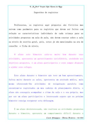 E. M. Profª Iraydes Lobo Vianna do Rego


                             Sugestões de registros




        Professoras, os registros aqui propostos são fictícios mas
servem como parâmetro para os registros que devem ser feitos com
relação as características individuais de cada criança para as
atividades propostas em sala de aula, não devem constar sobre a sala
ou níveis de escrita geral, pois, estes já são mencionados na ata de
conselho      e ficha de níveis.


        O    aluno   este    bimestre    saiu-se      muito       bem    durante    suas
atividades, apresentou um aproveitamento satisfatório, atendendo aos
objetivos propostos, é um aluno participativo e está sempre disposto
a ajudar seus colegas.


        Este aluno durante o bimestre não teve um bom aproveitamento,
faltou muito durante as aulas, apresentou um atestado médico, mais
mesmo       oferecendo-lhe    atividades      de    recuperação         paralela    como
encontram-se registrados em meu caderno de planejamento diário, o
aluno não conseguiu acompanhar o ritmo da sala e o seu próprio, mas
por ser um aluno participativo e interessado espero que no próximo
bimestre consiga recuperar esta defasagem.


        É um aluno desinteressado, não realizou as atividades propostas
durante o bimestre, apresenta um comportamento difícil durante a

                                            Coord. Pedagógica – Fátima Frederico – 08/2004
 