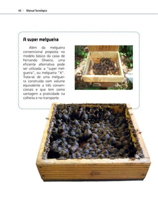 Manual Tecnológico40
A super melgueira
Além da melgueira
convencional proposta no
modelo básico da caixa de
Fernando Oliveira, uma
eﬁciente alternativa pode
ser utilizada: a “super mel-
gueira”, ou melgueira “X”.
Trata-se de uma melguei-
ra construída com volume
equivalente a três conven-
cionais e que tem como
vantagem a praticidade na
colheita e no transporte.
 