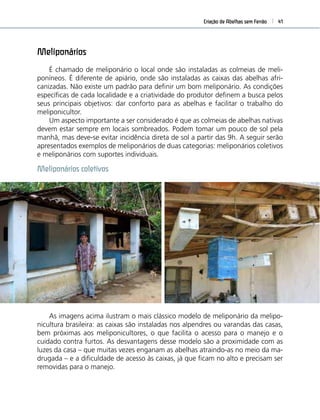 Criação de Abelhas sem Ferrão 41
Meliponários
É chamado de meliponário o local onde são instaladas as colmeias de meli-
poníneos. É diferente de apiário, onde são instaladas as caixas das abelhas afri-
canizadas. Não existe um padrão para deﬁnir um bom meliponário. As condições
especíﬁcas de cada localidade e a criatividade do produtor deﬁnem a busca pelos
seus principais objetivos: dar conforto para as abelhas e facilitar o trabalho do
meliponicultor.
Um aspecto importante a ser considerado é que as colmeias de abelhas nativas
devem estar sempre em locais sombreados. Podem tomar um pouco de sol pela
manhã, mas deve-se evitar incidência direta de sol a partir das 9h. A seguir serão
apresentados exemplos de meliponários de duas categorias: meliponários coletivos
e meliponários com suportes individuais.
Meliponários coletivos
As imagens acima ilustram o mais clássico modelo de meliponário da melipo-
nicultura brasileira: as caixas são instaladas nos alpendres ou varandas das casas,
bem próximas aos meliponicultores, o que facilita o acesso para o manejo e o
cuidado contra furtos. As desvantagens desse modelo são a proximidade com as
luzes da casa – que muitas vezes enganam as abelhas atraindo-as no meio da ma-
drugada – e a diﬁculdade de acesso às caixas, já que ﬁcam no alto e precisam ser
removidas para o manejo.
 