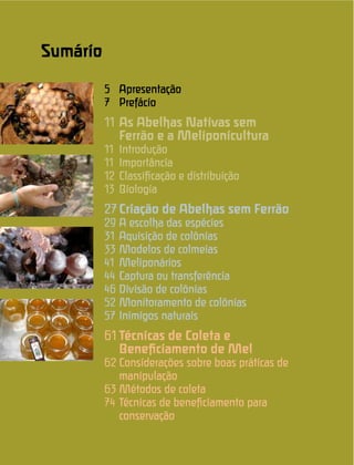 Sumário
5 Apresentação
7 Prefácio
11 As Abelhas Nativas sem
Ferrão e a Meliponicultura
11 Introdução
11 Importância
12 Classiﬁcação e distribuição
13 Biologia
27Criação de Abelhas sem Ferrão
29 A escolha das espécies
31 Aquisição de colônias
33 Modelos de colmeias
41 Meliponários
44 Captura ou transferência
46 Divisão de colônias
52 Monitoramento de colônias
57 Inimigos naturais
61 Técnicas de Coleta e
Beneﬁciamento de Mel
62 Considerações sobre boas práticas de
manipulação
63 Métodos de coleta
74 Técnicas de beneﬁciamento para
conservação
 