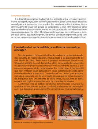 Técnicas de Coleta e Beneﬁciamento de Mel 67
Compressão dos potes
É outro método simples e tradicional. Sua aplicação segue um processo seme-
lhante ao da perfuração, com a diferença que nele os potes são retirados das caixas
ou melgueiras e espremidos com as mãos. Em relação ao método anterior, tem a
desvantagem de causar um pouco de desperdício, já que com freqüência certa
quantidade de mel escorre no momento em que os potes são retirados da caixa ou
separados dos potes de pólen. O meliponicultor que usar este método deve sem-
pre estar atento aos potes de pólen, para evitar que sejam espremidos junto com
os de mel, o que causa signiﬁcativa alteração nas características do produto ﬁnal.
Sim, dependendo de alguns detalhes do modelo de produção adotado,
dos cuidados de higiene durante a manipulação e do processamento do
mel depois da coleta. Assim como o processo de desoperculação e cen-
trifugação aplicado no mel das abelhas Apis, os métodos de compressão
ou perfuração expõem excessivamente o mel ao ambiente externo, o que
aumenta seu potencial de contaminação. Por conta disso, é fundamental
que esses métodos sejam aplicados em locais especíﬁcos de coleta, como
unidades de coleta, entrepostos, “casas do mel” etc. Assim, para ambos os
métodos é essencial o uso de um modelo de caixa que permita o transporte
das melgueiras para um ambiente de coleta limpo, ou seja, livre de poeira
ou partículas orgânicas presentes no ar de um ambiente externo.
A diferença entre as espécies de abelhas também pode inﬂuenciar na
qualidade do mel. Existem espécies com hábitos relativamente “anti-higiêni-
cos”, que depositam seus excrementos na mesma área onde armazenam os
É possível produzir mel de qualidade com métodos de compressão ou
perfuração?
Depósitos de excremento em melgueiras de uruçu-nordestina
 