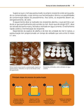 Técnicas de Coleta e Beneﬁciamento de Mel 77
Sugere-se que o mel seja pasteurizado no próprio recipiente onde será guarda-
do ou comercializado, o que otimiza sua hermetização e diminui as possibilidades
de contaminação depois do procedimento. Para tanto, os recipientes devem ser,
obrigatoriamente, de vidro.
O aquecimento deve se realizado nos recipientes abertos, o que permite a saí-
da do ar que eventualmente está contido no mel. Assim que ele atingir 65ºC, deve
ser retirado do banho-maria, fechado e resfriado em água corrente. O resfriamento
rápido acelera a hermetização do recipiente.
Dependendo da espécie de abelha e do teor de umidade do mel in natura, a
pasteurização tem proporcionado um tempo de validade que varia entre 6 meses
e 1 ano.
Principais etapas do processo de pasteurização
Envasar o mel em
recipientes (abertos)
de armazenagem ou
comercialização
Aquecer o mel em
banho-maria a uma
temperatura de 65ºC
Ao atingir a
temperatura, retirar os
recipientes do banho-
maria e fechá-los
Resfriar os recipientes
fechados em água
corrente
1 2 3 4
Mel em banho-maria durante a pasteurização: reparar na
espuma branca, indicando o ar que sai do mel por conta
do aquecimento
Recipientes já fechados, sendo resfriados em água
corrente
 