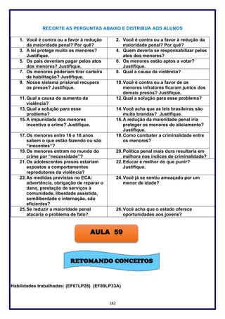 182
RECORTE AS PERGUNTAS ABAIXO E DISTRIBUA AOS ALUNOS
Habilidades trabalhadas: (EF67LP28) (EF89LP33A)
1. Você é contra ou a favor à redução
da maioridade penal? Por quê?
2. Você é contra ou a favor à redução da
maioridade penal? Por quê?
3. A lei protege muito os menores?
Justifique.
4. Quem deveria se responsabilizar pelos
atos dos menores?
5. Os pais deveriam pagar pelos atos
dos menores? Justifique.
6. Os menores estão aptos a votar?
Justifique.
7. Os menores poderiam tirar carteira
de habilitação? Justifique.
8. Qual a causa da violência?
9. Nosso sistema prisional recupera
os presos? Justifique.
10.Você é contra ou a favor de os
menores infratores ficaram juntos dos
demais presos? Justifique.
11.Qual a causa do aumento da
violência?
12.Qual a solução para esse problema?
13.Qual a solução para esse
problema?
14.Você acha que as leis brasileiras são
muito brandas? Justifique.
15.A impunidade dos menores
incentiva o crime? Justifique.
16.A redução da maioridade penal iria
proteger os menores do aliciamento?
Justifique.
17.Os menores entre 16 e 18 anos
sabem o que estão fazendo ou são
“inocentes”?
18.Como combater a criminalidade entre
os menores?
19.Os menores entram no mundo do
crime por “necessidade”?
20.Política penal mais dura resultaria em
melhora nos índices de criminalidade?
21.Os adolescentes presos estariam
expostos a comportamentos
reprodutores da violência?
22.Educar é melhor do que punir?
Justifique.
23.As medidas previstas no ECA:
advertência, obrigação de reparar o
dano, prestação de serviços à
comunidade, liberdade assistida,
semiliberdade e internação, são
eficientes?
24.Você já se sentiu ameaçado por um
menor de idade?
25.Se reduzir a maioridade penal
atacaria o problema de fato?
26.Você acha que o estado oferece
oportunidades aos jovens?
AULA 59
RETOMANDO CONCEITOS
 