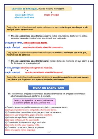 217
❖ Oração subordinada adverbial concessiva: Indica circunstância desfavorável à ideia
expressa na oração principal, mas sem impedir sua realização.
Ele ajudou o irmão, embora estivesse doente.
oração principal oração subordinada adverbial concessiva
❖ Oração subordinada adverbial temporal: Indica o tempo ou momento em que ocorre o que
foi declarado na oração principal.
A festa começou assim que chegaram os músicos.
oração principal oração subordinada adverbial temporal
01)Transforme as orações subordinadas adverbiais temporais em orações subordinadas
adverbiais condicionais, conforme o exemplo.
a) Quando houver um problema com o computador, chame esse técnico.
Caso haja um problema com o computador, chame esse técnico.
b) Quando quiser usar o laboratório, peça a chave na secretaria.
Caso queira usar o laboratório, peça a chave na secretaria.
c) Quando vir o professor, dê-lhe esse recado.
Caso veja o professor, dê-lhe esse recado.
d) Quando vier à minha casa, traga seu irmão.
Caso venha à minha casa, traga seu irmão.
e) Quando a chuva parar, iremos ao parque.
Caso a chuva pare, iremos ao parque.
Conjunções subordinativas condicionais mais comuns: se, contanto que, desde que, a não
ser que, caso, a menos que.
Conjunções subordinativas concessivas mais comuns: embora, ainda que, por mais que,
mesmo que, se bem que
Conjunções subordinativas temporais mais comuns: quando, enquanto, assim que, depois
que, desde que, logo que, mal (quando equivale a assim que).
Quando você precisar de ajuda, procure-me.
Caso você precise de ajuda, procure-me.
 