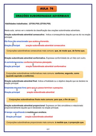 227
Habilidades trabalhadas: (EF09LP09) (EF09LP08)
Nesta aula, vamos ver o restante da classificação das orações subordinadas adverbiais.
Oração subordinada adverbial consecutiva: Indica a consequência daquilo que se diz na oração
principal.
Ela ficou tão emocionada que acabou chorando.
Oração principal oração subordinada adverbial consecutiva
Oração subordinada adverbial conformativa. Expressa conformidade de um fato com outro.
A cerimônia ocorreu conforme tínhamos planejado.
Oração principal oração subordinada adverbial conformativa
Oração subordinada adverbial final. Indica a finalidade ou o objetivo daquilo que se declara na
oração principal.
Empreste-me esse livro para que eu possa terminar a pesquisa.
Oração principal oração subordinada adverbial
Oração subordinada adverbial proporcional: Expressa um fato simultâneo e relacionado
proporcionalmente àquele que é declarado na oração principal.
O tempo vai esfriando à medida que anoitece.
Oração principal oração subordinada adverbial
AULA 76
ORAÇÕES SUBORDINADAS ADVERBIAIS
II
Conjunções subordinativas consecutivas mais comuns: que, de modo que, de forma que.
Conjunções subordinativas conformativas mais comuns: conforme, segundo, como
(quando equivale a conforme).
Conjunções subordinativas finais mais comuns: para que, a fim de que.
Conjunções subordinativas proporcionais mais comuns: à medida que, à proporção que.
 