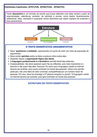 86
Habilidades trabalhadas: (EF67LP28) (EF89LP33A) (EF69LP53)
ESTRUTURA DO TEXTO DISSERTATIVO
Texto dissertativo é um formato de escrita que busca defender uma ideia central a partir da
argumentação, valendo-se, portanto, de opiniões e provas, como dados, levantamentos,
estatísticas, fatos, exemplos e quaisquer outros elementos que sejam capazes de sustentar a
tese apresentada.
O TEXTO DISSERTATIVO ARGUMENTATIVO
➢ Deve “questionar a realidade, expressando um ponto de vista” por meio da exposição de
argumentos.
➢ Deve conter opiniões sobre os fatos e postura crítica sobre eles.
➢ Dissertar requer a organização lógica das ideias.
➢ A linguagem predominante é a denotativa (sentido literal das palavras).
➢ Impessoalidade: não deve aparecer quem faz as reflexões, pois mais importante é o
assunto e não quem fala dele. Escrever “Eu acho que a linguagem usada na internet
deveria ser proibida, pois causa confusão na mente das pessoas” indica uma opinião
particular, não uma ideia de valor universal, compartilhada por um número maior de
pessoas. Por isso, deve-se empregar a 3ª pessoa (singular ou plural): "A linguagem usada
na internet deveria ser proibida, pois gera confusão na mente das pessoas”.
 