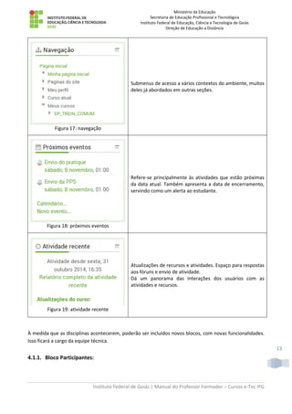 Ministério da Educação
Secretaria de Educação Profissional e Tecnológica
Instituto Federal de Educação, Ciência e Tecnologia de Goiás
Direção de Educação a Distância
Instituto Federal de Goiás | Manual do Professor Formador – Cursos e-Tec IFG
13
Figura 17: navegação
Submenus de acesso a vários contextos do ambiente, muitos
deles já abordados em outras seções.
Figura 18: próximos eventos
Refere-se principalmente às atividades que estão próximas
da data atual. Também apresenta a data de encerramento,
servindo como um alerta ao estudante.
Figura 19: atividade recente
Atualizações de recursos e atividades. Espaço para respostas
aos fóruns e envio de atividade.
Dá um panorama das interações dos usuários com as
atividades e recursos.
À medida que as disciplinas acontecerem, poderão ser incluídos novos blocos, com novas funcionalidades.
Isso ficará a cargo da equipe técnica.
4.1.1. Bloco Participantes:
 