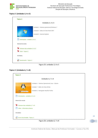 Ministério da Educação
Secretaria de Educação Profissional e Tecnológica
Instituto Federal de Educação, Ciência e Tecnologia de Goiás
Direção de Educação a Distância
Instituto Federal de Goiás | Manual do Professor Formador – Cursos e-Tec IFG
19
Tópico 2 (Unidades 3, 4 e 5)
Figura 25: unidades 3, 4 e 5
Tópico 3 (Unidades 6, 7 e 8)
Figura 26: unidades 6, 7 e 8
 