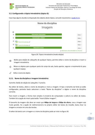 Ministério da Educação
Secretaria de Educação Profissional e Tecnológica
Instituto Federal de Educação, Ciência e Tecnologia de Goiás
Direção de Educação a Distância
Instituto Federal de Goiás | Manual do Professor Formador – Cursos e-Tec IFG
23
5.2. Configurando o tópico introdutório (tópico 0):
Caso haja alguma duvida na disposição dos objetos deste tópico, consulte novamente a seção 4.3.1.
Figura 29: Tópico introdutório (modo edição)
Botão para edição do cabeçalho de qualquer tópico, permite editar o nome da disciplina e inserir a
imagem introdutória.
Move os objetos para qualquer parte do corpo da sala, basta apertar, segurar e movimentá-lo para
qualquer espaço.
Edita o nome do objeto.
5.2.1. Nome da disciplina e imagem introdutória:
Caminho: Botão de edição do cabeçalho > Sumário.
No editor de textos, altere o nome da disciplina e insira a imagem. O tipo e tamanho da fonte já estão
configurados, portanto basta selecionar o texto “Nome da disciplina” e digitar o nome da disciplina
corrente.
Para inserir a imagem, a forma mais simples é arrastá-la do computador e solta-la no editor de textos.
Também há a opção de inserir pelo botão “Inserir/Editar imagem”.
O tamanho da imagem não deve ser maior que 400px de largura e 260px de altura, caso a imagem seja
muito grande, há a opção de redimensioná-la no próprio editor de textos do moodle, basta clicar na
imagem e arrastar em uma das bordas.
O editor de textos com a imagem e o nome da disciplina pode ser visto na figura 30.
 