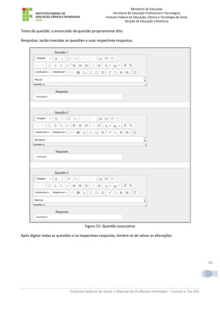 Ministério da Educação
Secretaria de Educação Profissional e Tecnológica
Instituto Federal de Educação, Ciência e Tecnologia de Goiás
Direção de Educação a Distância
Instituto Federal de Goiás | Manual do Professor Formador – Cursos e-Tec IFG
43
Texto da questão: o enunciado da questão propriamente dito.
Respostas: serão inseridas as questões e suas respectivas respostas.
Figura 55: Questão associativa
Após digitar todas as questões e as respectivas respostas, lembre-se de salvar as alterações.
 