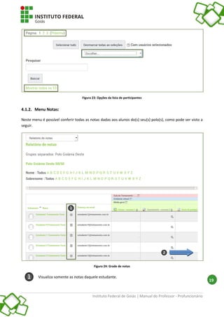 Instituto Federal de Goiás | Manual do Professor - Profuncionário
19
Figura 23: Opções da lista de participantes
4.1.2. Menu Notas:
Neste menu é possível conferir todas as notas dadas aos alunos do(s) seu(s) polo(s), como pode ser visto a
seguir.
Figura 24: Grade de notas
Visualiza somente as notas daquele estudante.
 