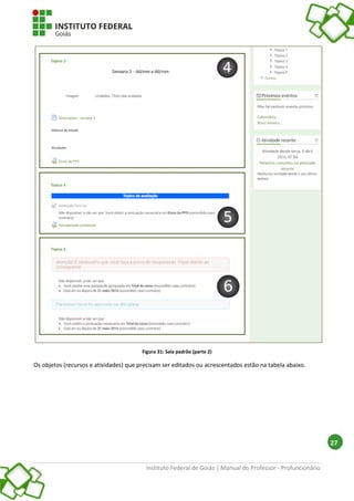 Instituto Federal de Goiás | Manual do Professor - Profuncionário
27
Figura 31: Sala padrão (parte 2)
Os objetos (recursos e atividades) que precisam ser editados ou acrescentados estão na tabela abaixo.
 