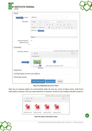 Instituto Federal de Goiás | Manual do Professor - Profuncionário
34
Figura 39: Configurações do recurso "Pasta"
Note que os arquivos podem ser acrescentados todos de uma vez, como na figura acima, onde foram
adicionados 4 arquivos. Para isso, basta selecionar os arquivos, arrastá-los até o espaço indicado e soltá-los.
Figura 40: Arquivos adicionados a pasta
 