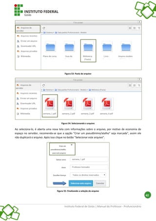 Instituto Federal de Goiás | Manual do Professor - Profuncionário
42
Figura 53: Pasta do arquivo
Figura 54: Selecionando o arquivo
Ao seleciona-lo, é aberta uma nova tela com informações sobre o arquivo, por motivo de economia de
espaço no servidor, recomenda-se que a opção "Criar um pseudônimo/atalho" seja marcada", assim ele
não duplicará o arquivo. Após isso clique no botão "Selecionar este arquivo".
Figura 55: Finalizando a seleção do arquivo
 