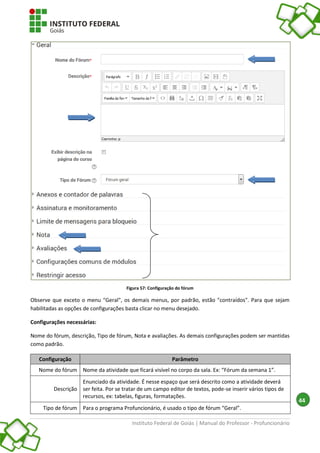 Instituto Federal de Goiás | Manual do Professor - Profuncionário
44
Figura 57: Configuração do fórum
Observe que exceto o menu "Geral", os demais menus, por padrão, estão "contraídos". Para que sejam
habilitadas as opções de configurações basta clicar no menu desejado.
Configurações necessárias:
Nome do fórum, descrição, Tipo de fórum, Nota e avaliações. As demais configurações podem ser mantidas
como padrão.
Configuração Parâmetro
Nome do fórum Nome da atividade que ficará visível no corpo da sala. Ex: “Fórum da semana 1”.
Descrição
Enunciado da atividade. É nesse espaço que será descrito como a atividade deverá
ser feita. Por se tratar de um campo editor de textos, pode-se inserir vários tipos de
recursos, ex: tabelas, figuras, formatações.
Tipo de fórum Para o programa Profuncionário, é usado o tipo de fórum “Geral”.
 