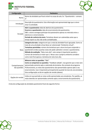 Instituto Federal de Goiás | Manual do Professor - Profuncionário
48
Configuração Parâmetro
Nome
Nome da atividade que ficará visível no corpo da sala. Ex: “Questionário – semana
2”.
Introdução
Descrição do questionário. Esta informação será apresentada logo que o aluno
clicar na atividade.
Duração
Abrir o questionário: data de abertura do questionário;
Encerrar o questionário: data de encerramento do questionário;
OBS: o aluno consegue participar do questionário apenas no intervalo entre a
abertura e o encerramento.
Período de carência de envio: Tentativas devem ser submetidas antes que o
tempo expire ou elas não serão contabilizadas.
Nota
Categoria de nota: categoria em que a nota da atividade ficará agrupada. Como se
trata de uma atividade virtual deve ser selecionado “Ambiente virtual”;
Tentativas permitidas: número de tentativas que o aluno terá para responder o
questionário (indica quantas vezes ele pode submeter e enviar o questionário);
Método de avaliação: “Nota mais alta”, este campo é importante quando o
número de tentativas é maior que 1. Nesse caso o próprio ambiente considera
como nota final apenas a tentativa de nota mais alta.
Comportamento
das questões
Misturar entre as questões: “Não”
Como se comportam as questões: “Feedback adiado”, isso garante que a nota será
apresentada somente após a submissão da tentativa. No contexto do programa
Profuncionário, as notas dos questionários são apresentadas apenas após o seu
encerramento. Isso é importante principalmente quando há mais de uma tentativa.
Esta configuração se dá em opções de revisão (abaixo).
Opções de revisão
Inidca em que período as notas serão apresentadas aos estudantes. Por padrão, as
notas deverão ser apresentadas somente após o encerramento do questionário.
A tela de configuração da atividade questionário ficará da seguinte forma:
 