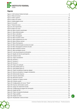 Instituto Federal de Goiás | Manual do Professor - Profuncionário
5
Figuras
Figura 1: AVA Instituto Federal de Goiás ............................................................................................................................8
Figura 2: Bloco de acesso....................................................................................................................................................9
Figura 3: Menu superior....................................................................................................................................................10
Figura 4: Menu do usuário................................................................................................................................................10
Figura 5: Minha página inicial ..........................................................................................................................................11
Figura 6: Ver perfil ............................................................................................................................................................11
Figura 7: Mural de avisos..................................................................................................................................................12
Figura 8: Links importantes ..............................................................................................................................................12
Figura 9: Menu de cursos..................................................................................................................................................13
Figura 10: Bloco Usuário autenticado...............................................................................................................................14
Figura 11: Bloco Administração........................................................................................................................................14
Figura 12: Bloco calendário ..............................................................................................................................................14
Figura 13: Bloco Navegação .............................................................................................................................................15
Figura 14: Bloco Usuários online ......................................................................................................................................15
Figura 15: Bloco Andamento do curso..............................................................................................................................16
Figura 16: Bloco Últimas notícias .....................................................................................................................................16
Figura 17: Bloco Participantes ..........................................................................................................................................16
Figura 18: Bloco Administração (contexto da sala) ..........................................................................................................16
Figura 19: Bloco Navegação (contexto da sala) ...............................................................................................................17
Figura 20: Bloco Próximos eventos...................................................................................................................................17
Figura 21: Bloco Atividade recente ...................................................................................................................................17
Figura 22: Lista de participantes da disciplina..................................................................................................................18
Figura 23: Opções da lista de participantes......................................................................................................................19
Figura 24: Grade de notas ................................................................................................................................................19
Figura 25: Tópico introdutório..........................................................................................................................................21
Figura 26: Semana 1 .........................................................................................................................................................22
Figura 27: Semana 2 .........................................................................................................................................................23
Figura 28: Semana 3 .........................................................................................................................................................24
Figura 29: Tópico de avaliação .........................................................................................................................................24
Figura 30: Sala padrão (parte 1).......................................................................................................................................26
Figura 31: Sala padrão (parte 2).......................................................................................................................................27
Figura 32: Tópico introdutório (modo de edição) .............................................................................................................29
Figura 33: Nome da disciplina e imagem introdutória .....................................................................................................30
Figura 34: Adicionando arquivos ......................................................................................................................................31
Figura 35: Arquivos adicionados.......................................................................................................................................31
Figura 36: Movendo arquivos ...........................................................................................................................................32
Figura 37: Arquivos no espaço correto .............................................................................................................................32
Figura 38: Criando a pasta................................................................................................................................................33
Figura 39: Configurações do recurso "Pasta" ...................................................................................................................34
Figura 40: Arquivos adicionados a pasta..........................................................................................................................34
Figura 41: Espaço do material de estudo..........................................................................................................................35
Figura 42: Configuração da página de orientações..........................................................................................................36
Figura 43: Espaço da PPS..................................................................................................................................................36
Figura 44: Tópico introdutório finalizado .........................................................................................................................37
Figura 45: Tópico padrão..................................................................................................................................................38
Figura 46: Edição do rótulo...............................................................................................................................................38
Figura 47: Atualizando o texto do rótulo..........................................................................................................................39
 