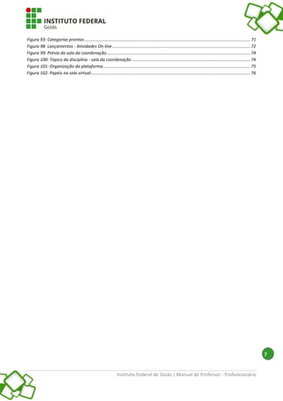 Instituto Federal de Goiás | Manual do Professor - Profuncionário
7
Figura 93: Categorias prontas ..........................................................................................................................................71
Figura 98: Lançamentos - Atividades On-line ...................................................................................................................72
Figura 99: Prévia da sala da coordenação........................................................................................................................74
Figura 100: Tópico da disciplina - sala da coordenação ...................................................................................................74
Figura 101: Organização da plataforma...........................................................................................................................75
Figura 102: Papéis na sala virtual.....................................................................................................................................76
 