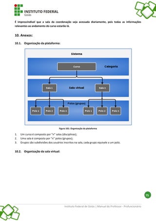 Instituto Federal de Goiás | Manual do Professor - Profuncionário
75
É imprescindível que a sala da coordenação seja acessada diariamente, pois todas as informações
relevantes ao andamento do curso estarão lá.
10. Anexos:
10.1. Organização da plataforma:
Figura 101: Organização da plataforma
1. Um curso é composto por “n” salas (disciplinas);
2. Uma sala é composta por “n” polos (grupos);
3. Grupos são subdivisões dos usuários inscritos na sala, cada grupo equivale a um polo.
10.2. Organização da sala virtual:
 