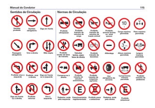 Proibido
mudar de faixa
de trânsito
Proibido
trânsito de
bicicletas
Alfândega Altura máxima
permitida
Largura
máxima
permitida
Veículos
lentos, usem
faixa da direita
Carga máxima
permitida
Peso máximo
permitido
Proibido
ultrapassar
Proibido
trânsito de
veículos de
carga
Proibido
trânsito de
veículos de
tração animal
Proibido
acionar buzina
ou sinal
sonoro
Manual do Condutor 115
Sentidos de Circulação Normas de Circulação
Sentido
proibido
Proibido virar à
esquerda
Sentido
obrigatório
Proibido virar
à direita
Siga em frente
Siga em frente
ou à esquerda
Passagem
obrigatória
Siga em frente
ou à direita
Vire à direita
Proibido
retornar
Mão dupla
Vire à
esquerda
Pedestre, ande
pela esquerda
Estacionamento
regulamentado
Proibido parar
e estacionar
Pedestre, ande
pela direita
Comprimento
máximo
permitido
Proibido
estacionar
Proibido
trânsito de
pedestres
Conserve-se à
direita
Proibido
trânsito de
veículos
automotores
Proibido
trânsito de
máquinas
agrícolas
Uso
obrigatório de
corrente
 