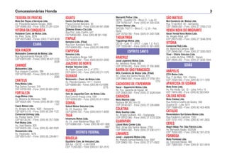 TEIXEIRA DE FREITAS
Moto Sul Peças e Serviços Ltda.
Av. Presidente Getúlio Vargas, 3500
CEP 45995-000 – Fone: (0XX) 73 291-5224
VITÓRIA DA CONQUISTA
Rodaleve Coml. de Motos Ltda.
Av. Pres. Dutra, 2879
CEP 45015-660 – Fones: (0XX) 77 427-8000
BOA VIAGEM
Motocedro Comercial de Motos Ltda.
Rua Agronomando Rangel, 529
CEP 63870-000 – Fones: (0XX) 88 427-3133
2029
CANINDÉ
Motocentro Ltda.
Rua Joaquim Custódio, 399
CEP 62700-000 – Fones: (0XX) 85 343-2021
2060
CRATEUS
Poty Motos Ltda.
Rua Santos Dumont, 319
CEP 63700-000 – Fone: (0XX) 85 691-0252
FORTALEZA
Auge Motos Ltda.
Av. Bezerra de Menezes, 1665
CEP 60325-000 – Fones: (0XX) 88 581-1583
1147
Ceará Motos Ltda.
Av. Borges de Melo, 1620 – Aeroporto
CEP 60415-510 – Fone: (0XX) 85 256-1122
Comercial Unimaq Ltda.
Av. Pontes Vieira, 1010
CEP 60130-241 – Fone: (0XX) 85 257-7699
Fort Motos Ltda.
Av. José Bastos, 300
CEP 60325-330 – Fone: (0XX) 85 482-2020
Nossamoto Ltda.
Av. Imperador, 1676
CEP 60015-051 – Fone: (0XX) 85 226-6611
CEARÁ
IGUATU
Centro Sul Motos Ltda.
Praça Coronel Belizário, 30
CEP 63500-000 – Fone: (0XX) 88 581-2099
Zildemar Alves e Cia Ltda.
Rua Prof. João Coelho, s/nº
CEP 63500-000 – Fone: (0XX) 88 581-1583
ITAPAJÉ
Itamotos Ltda. (Filial)
Rua Dom Aureliano Matos, 1971
CEP 62600-000 – Fone: (0XX) 85 346-0005
ITAPIPOCA
Itamotos Ltda.
Rua Anastácio Braga, 348
CEP 62500-000 – Fone: (0XX) 88 631-2000
JUAZEIRO DO NORTE
Araripe Veículos Ltda.
Av. Padre Cícero, Km 2, nº 3770
CEP 63041-140 – Fone: (0XX) 88 571-1370
QUIXADÁ
Motocedro – Coml. de Motos Ltda.
Av. Plácido Castelo, 1411 – Centro
CEP 63900-000 – Fones: (0XX) 88 412-0066
0775
RUSSAS
Vale do Jaguaribe Com. de Motos Ltda.
Rua Coronel Araújo Lima, 1061
CEP 62900-000 – Fone: (0XX) 85 411-0004
SOBRAL
Sobral Motos Veículos Ltda.
Av. Dr. Guarany, 100
CEP 62040-730 – Fone: (0XX) 88 611-6000
TAUÁ
Inhamuns Motos Ltda.
Av. Dr. José Waldemar Rêgo, 601
CEP 63660-000 – Fones: (0XX) 88 437-1880
1887
BRASÍLIA
Equilíbrio Com. de Veículos Ltda.
SIA Sul – Qd 3C – Lote 03/04
CEP 71200-030 – Fone: (0XX) 61 361-2510
DISTRITO FEDERAL
Mercantil Pollux Ltda.
SEPN – Quadra 514 – Bloco D – Loja 42
CEP 70760-547 – Fone: (0XX) 61 340-4225
Vmann Motos Ltda.
SHCGN 710/711 – Bloco C – Lj. 55 – Asa
Norte
CEP 70750-780 – Fone: (0XX) 61 340-7006
TAGUATINGA
Taguatinga Motos Ltda.
QS 03 – Lote 17 – EPCT – Lojas 1, 2, 4 e 5
CEP 72030-901 – Fone: (0XX) 61 561-3000
ARACRUZ
Junal Juparaná Motos Ltda.
Av. Venâncio Flores, 880
CEP 29190-000 – Fone: (0XX) 27 256-3688
BARRA DE SÃO FRANCISCO
MOL Comércio de Motos Ltda. (Filial)
Av. Jones dos Santos Neves, 875
CEP 29800-000 – Fones: (0XX) 27 3756-1251
1215
CACHOEIRO DE ITAPEMIRIM
Itacar – Itapemirim Motos Ltda.
Av. Fco. Lacerda de Aguiar, 46
CEP 29303-300 – Fone: (0XX) 27 3526-5544
CARIACICA
Moto Máxima Ltda.
Rodovia BR 262, Km 03
CEP 29140-501 – Fone: (0XX) 27 226-8999
COLATINA
Moto Scarton Ltda.
Av. Ângelo Giulberti, 453 – Esplanada
CEP 29702-060 – Fone: (0XX) 27 3723-3300
GUARAPARI
Litoral Moto Center Ltda.
Rod. Jones dos Santos Neves, 2750
CEP 29200-000 – Fone: (0XX) 27 3361-0111
LINHARES
Junal – Juparanã Motos Ltda.
Av. Prefeito Samuel Batista Cruz, 3097
CEP 29902-100 – Fone: (0XX) 27 371-0922
ESPÍRITO SANTO
SÃO MATEUS
Mol Comércio de Motos Ltda.
Rua 13 de Abril, 40 – Sernamby
CEP 29930-000 – Fone: (0XX) 27 3763-2122
VENDA NOVA DO IMIGRANTE
Itacar Venda Nova Motos Ltda.
Av. Angelo Altoé, s/nº
CEP 29375-000 – Fone: (0XX) 27 3546-2916
VITÓRIA
Comercial Rizk Ltda.
Av. Marechal Campos, 586
CEP 29040-090 – Fone: (0XX) 27 3200-2922
Vivel – Vitória Veículos Ltda.
Av. Leitão da Silva, 2280-B – Itararé
CEP 29045-202 – Fone: (0XX) 27 3235-1644
ANÁPOLIS
CCA Motos Ltda.
Rua 1º de Maio, 104 – Centro
CEP 75020-050 – Fone: (0XX) 62 311-1300
APARECIDA DE GOIÂNIA
Moto Aires Ltda.
Av. Rio Verde, Qd. 13 – Lotes 14A e 15
CEP 74916-260 – Fone: (0XX) 62 582-0404
CALDAS NOVAS
Moto Caldas Ltda
Rua Antônio Coelho de Godoy, 500
Quadra 02 – Lote 10/11
CEP 75690-000 – Fone: (0XX) 62 453-4006
CATALÃO
Revendedora Sul Goiana Motos Ltda.
Rua Frederico Campos, 1050
CEP 75701-410 – Fone: (0XX) 62 441-2655
CERES
Magril Máqs. Fer. São Patrício Ltda.
Av. Bernardo Sayão, 502/526
CEP 76300-000 – Fone: (0XX) 62 307-2230
FORMOSA
Moto Formosa Ltda.
Av. Tancredo Neves, 980
CEP 73800-000 – Fone: (0XX) 61 631-0918
GOIÁS
Concessionárias Honda 3
 