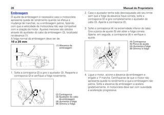 Manual do Proprietário20
Embreagem
O ajuste da embreagem é necessário caso a motocicleta
apresente queda de rendimento quando se efetua a
mudança de marchas, ou a embreagem patine, fazendo
com que a velocidade da motocicleta não seja compatível
com a rotação do motor. Ajustes menores são obtidos
através do ajustador do cabo da embreagem (3), localizado
na alavanca (1).
A folga normal da embreagem deve ser de:
10 a 20 mm
1. Solte a contraporca (2) e gire o ajustador (3). Reaperte a
contraporca (2) e verifique a folga novamente.
2. Caso o ajustador tenha sido desrosqueado até seu limite
sem que a folga da alavanca fique correta, solte a
contraporca (2) e gire completamente o ajustador do
cabo (3). Aperte a contraporca (2).
3. Solte a contraporca (4) na extremidade inferior do cabo.
Gire a porca de ajuste (5) até obter a folga correta.
Aperte, em seguida, a contraporca (4) e verifique o
ajuste.
4. Ligue o motor, acione a alavanca da embreagem e
engate a 1ª marcha. Certifique-se de que o motor não
apresenta queda no rendimento e que a embreagem não
patina. Solte a alavanca da embreagem e acelere
gradativamente. A motocicleta deve sair com suavidade
e aceleração progressiva.
a (1) Alavanca da
embreagem
(4) Contraporca
(5) Porca de ajuste
(A) Aumenta a folga
(B) Diminui a folga
b
Ꭽ
Ꭾ
c
(2) Contraporca
(3) Ajustador do cabo
da embreagem
(A) Aumenta a folga
(B) Diminui a folga
Ꭽ
Ꭾ
d
e
 