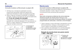Marcha Lenta
(Consulte Cuidados na Manutenção na página 46).
Para uma regulagem precisa da rotação de marcha lenta, é
necessário aquecer o motor. Alguns minutos de
funcionamento são suficientes para aquecê-lo.
NOTA
Não tente compensar problemas de outros sistemas
através do ajuste da marcha lenta. Procure a sua
concessionária autorizada Honda para efetuar os ajustes
programados do carburador, incluindo a sincronização.
1. Ligue e aqueça o motor até atingir a temperatura normal
de funcionamento. Coloque a transmissão em ponto
morto e apóie a motocicleta no cavalete central.
2. Gire o parafuso de aceleração (1) no sentido desejado
para obter a rotação da marcha lenta especificada.
Rotação da marcha lenta (em ponto morto)
1.300 ± 100 (rpm)
Manual do Proprietário52
Acelerador
(Consulte Cuidados na Manutenção na página 46)
1. Verifique se a manopla do acelerador funciona
suavemente da posição totalmente aberta até a
totalmente fechada em todas as posições do guidão.
2. Meça a folga da manopla do acelerador no flange da
manopla. A folga normal deve ser de aproximadamente:
2 – 6 mm de rotação da manopla
Para ajustar a folga, solte a contraporca (1) e gire o
ajustador (2) no sentido desejado a fim de aumentar ou
diminuir a folga. Reaperte a contraporca e verifique a
folga da manopla novamente.
a
b
Ꭽ
Ꭾ
(1) Contraporca
(2) Ajustador
(A) Aumenta a folga
(B) Diminui a folga
a
Ꭽ Ꭾ
(1) Parafuso de
aceleração
(A) Aumenta a rotação
(B) Diminui a rotação
 