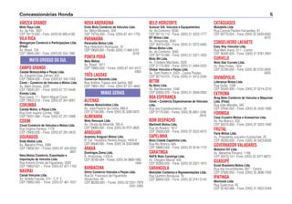 VÁRZEA GRANDE
Moto Raça Ltda.
Av. da Feb, 1657
CEP 78110-000 – Fone: (0XX) 65 685-4100
VILA RICA
Motogarças Comércio e Participações Ltda.
(Filial)
Av. Brasil, 154
CEP 78645-000 – Fone: (0XX) 65 554-1390
CAMPO GRANDE
Caiobá Motocicletas e Peças Ltda.
Av. Eduardo Elias Zahran, 600
CEP 79004-000 – Fone: (0XX) 67 345-1000
Covel – Comércio de Veículos e Motos Ltda.
Av. Mato Grosso, 2200
CEP 79020-201 – Fone: (0XX) 67 721-6446
Kimoto Ltda.
Rua Ceará, 71 – Bairro Miguel Couto
CEP 79003-010 – Fone: (0XX) 67 341-9001
CORUMBÁ
Caiobá Motoc. e Peças Ltda.
Rua Dom Aquino Correa, 1560
CEP 79331-080 – Fone: (0XX) 67 231-3399
COXIM
Covel Comércio de Veículos e Motos Ltda.
Rua Virgínia Ferreira, 1179
CEP 79400-000 – Fone: (0XX) 67 291-3423
DOURADOS
Endo Motos Ltda.
Av. Marelino Pires, 3385
CEP 79830-001 – Fones: (0XX) 67 424-4242
3601
Nara Motos Comércio, Exportação e
Importação de Veículos Ltda.
Rua Antonio Emílio de Figueiredo, 2020
CEP 79802-021 – Fone: (0XX) 67 421-1103
NAVIRAI
Canaã Veículos Ltda.
Av. Amélia Fukuda, 374 – C.P. 5
CEP 79950-000 – Fone: (0XX) 67 461-1637
MATO GROSSO DO SUL
NOVA ANDRADINA
Endo Moto Comércio de Veículos Ltda.
Av. Milton Modesto, 324
CEP 79750-000 – Fone: (0XX) 67 441-1755
PARANAÍBA
Paranaíba Motos Ltda.
Rua Heleodoro Rodrigues, 10
CEP 79500-000 – Fones: (0XX) 17 668-3101
2018
PONTA PORÃ
Malu Motos.
Av. Brasil, 1971
CEP 79900-000 – Fones: (0XX) 67 431-4312
5064
TRÊS LAGOAS
Comercial Mototrês Ltda.
Rua Antônio Trajano dos Santos, 560
CEP 79601-002 – Fone: (0XX) 67 521-4642
ALFENAS
Alfenas Motocicletas Ltda.
Av. José Paulino da Costa, 689-A
CEP 37130-000 – Fone: (0XX) 35 3292-3470
ALMENARA
Moto Nanuque Ltda.
Av. Olinda de Miranda, 765-A
CEP 39900-000 – Fone: (0XX) 33 3721-2625
ARAGUARI
Aramoto Araguari Motos Ltda.
R. Cel. Teodolino Pereira Araújo, 1450-A
CEP 38440-000 – Fone: (0XX) 34 3242-6666
ARAXÁ
Domingos Zema Ltda.
R. Amazonas, 1220-A
CEP 38180-084 – Fones: (0XX) 34 3669-1862
1844
BARBACENA
Silmo Comércio Veículos e Peças Ltda.
Rua Dr. Francisco de Figueiredo
Abranches, 44
CEP 36200-000 – Fones: (0XX) 32 3331-7979
3331-3265
MINAS GERAIS
BELO HORIZONTE
Autocar S/A. Veículos e Equipamentos
Av. do Contorno, 6500
CEP 30110-110 – Fone: (0XX) 31 3223-1777
BY Motos Ltda.
Av. Amazonas, 3045
CEP 30410-000 – Fone: (0XX) 31 3372-4400
Minas Motos Ltda.
Av. do Contorno, 3585
CEP 30110-090 – Fone: (0XX) 31 3221-1833
Moto BH Ltda.
Av. Cristiano Machado, 2020
CEP 31170-800 – Fone: (0XX) 31 3484-5555
Otobai Veículos e Peças Ltda.
Av. Dom Pedro II, 2323 – Carlos Prades
CEP 30710-010 – Fone: (0XX) 31 3412-2040
BETIM
By Moto Ltda.
Av. Bandeirantes, 1040
CEP 32650-370 – Fone: (0XX) 31 3594-2002
BOA ESPERANÇA
Cevel – Comércio Esperancense de Veículos
Ltda.
Rua dos Expedicionários, 58
CEP 37170-000 – Fones: (0XX) 35 3851-1248
2919
BOM DESPACHO
Martinelli Motos Ltda.
Rua do Rosário, 1617
CEP 35600-000 – Fone: (0XX) 37 3522-4010
CAPELINHA
Moto Cidade Capelinha Ltda.
Rua Rio Branco, 645
CEP 39680-000 – Fone: (0XX) 33 3516-1172
CARATINGA
RAFA Moto Caratinga Ltda.
Av. Olegário Maciel, 435
CEP 35300-000 – Fone: (0XX) 33 3321-1910
CARANGOLA
Motolíder Comércio e Representações Ltda.
Rua Quintino Bocaiuva, 76
CEP 36800-000 – Fone: (0XX) 32 3741-5143
CATAGUASES
Motobella Ltda
Rua Coronel Paulino Fernandes, 91
CEP 36770-024 – Fone: (0XX) 32 3429-4000
4010
CONSELHEIRO LAFAIETE
Easy Way Veículos Ltda.
Rua Melo Viana, 311 – Centro
CEP 36400-000 – Fone: (0XX) 31 3761-3581
CURVELO
Moto Star Curvelo Ltda.
Av. Bias Fortes, 1354
CEP 35790-000 – Fone: (0XX) 38 3722-2828
4000
DIVINÓPOLIS
Liderança Motos Ltda.
Rua Goiás, 1358
CEP 35500-000 – Fone: (0XX) 37 3214-2210
EXTREMA
Brag Moto Comércio de Veículos e Máquinas
Ltda. (Filial)
Rua João Mendes, 345
CEP 37640-000 – Fone: (0XX) 35 3435-1680
FORMIGA
Casa Cruzeiro Motos e Acessórios Ltda.
Av. Rio Branco, 533
CEP 35570-000 – Fone: (0XX) 37 3322-1940
FRUTAL
Faria Motos Ltda.
Av. Presidente Juscelino Kubitschek, 20
CEP 38200-000 – Fone: (0XX) 34 3423-6030
GOVERNADOR VALADARES
Motomol GV Ltda.
Av. Marechal Floriano, 1199
CEP 35010-141– Fone: (0XX) 33 3271-8873
GUAXUPÉ
Exxel Brasileira Motos Ltda.
Rua dos Inconfidentes, 687 – Centro
CEP 37800-000 – Fone: (0XX) 35 3696-7000
IPATINGA
Mavimoto Ltda.
Rua Guaicurus, 55
CEP 35162-066 – Fone: (0XX) 31 3822-5349
Concessionárias Honda 5
 