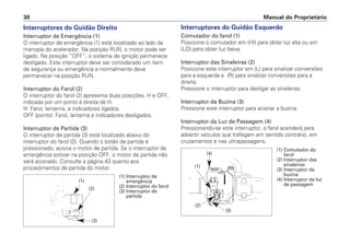 Interruptores do Guidão Esquerdo
Comutador do farol (1)
Posicione o comutador em (HI) para obter luz alta ou em
(LO) para obter luz baixa.
Interruptor das Sinaleiras (2)
Posicione este interruptor em (L) para sinalizar conversões
para a esquerda e (R) para sinalizar conversões para a
direita.
Pressione o interruptor para desligar as sinaleiras.
Interruptor da Buzina (3)
Pressione este interruptor para acionar a buzina.
Interruptor da Luz de Passagem (4)
Pressionando-se este interruptor, o farol acenderá para
advertir veículos que trafegam em sentido contrário, em
cruzamentos e nas ultrapassagens.
Manual do Proprietário30
Interruptores do Guidão Direito
Interruptor de Emergência (1)
O interruptor de emergência (1) está localizado ao lado da
manopla do acelerador. Na posição RUN, o motor pode ser
ligado. Na posição “OFF”, o sistema de ignição permanece
desligado. Este interruptor deve ser considerado um item
de segurança ou emergência e normalmente deve
permanecer na posição RUN.
Interruptor do Farol (2)
O interruptor do farol (2) apresenta duas posições, H e OFF,
indicada por um ponto à direita de H.
H: Farol, lanterna, e indicadores ligados.
OFF (ponto): Farol, lanterna e indicadores desligados.
Interruptor de Partida (3)
O interruptor de partida (3) está localizado abaixo do
interruptor do farol (2). Quando o botão de partida é
pressionado, aciona o motor de partida. Se o interruptor de
emergência estiver na posição OFF, o motor de partida não
será acionado. Consulte a página 43 quanto aos
procedimentos de partida do motor.
(1) Comutador do
farol
(2) Interruptor das
sinaleiras
(3) Interruptor da
buzina
(4) Interruptor da luz
de passagem
(1)
(2)
(3)
(4)
(1) Interruptor de
emergência
(2) Interruptor do farol
(3) Interruptor de
partida
(1)
(2)
(3)
 