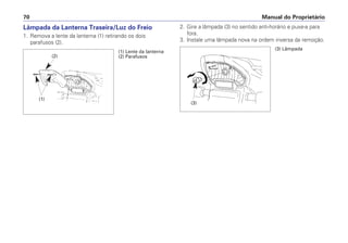 Lâmpada da Lanterna Traseira/Luz do Freio
1. Remova a lente da lanterna (1) retirando os dois
parafusos (2).
2. Gire a lâmpada (3) no sentido anti-horário e puxe-a para
fora.
3. Instale uma lâmpada nova na ordem inversa da remoção.
Manual do Proprietário70
(1) Lente da lanterna
(2) Parafusos
(3) Lâmpada
(2)
(1)
(3)
 
