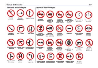 Proibido
mudar de faixa
de trânsito
Proibido
trânsito de
bicicletas
Alfândega Altura máxima
permitida
Largura
máxima
permitida
Veículos
lentos, usem
faixa da direita
Carga máxima
permitida
Peso máximo
permitido
Proibido
ultrapassar
Proibido
trânsito de
veículos de
carga
Proibido
trânsito de
veículos de
tração animal
Proibido
acionar buzina
ou sinal
sonoro
Manual do Condutor 117
Sentidos de Circulação Normas de Circulação
Sentido
proibido
Proibido virar à
esquerda
Sentido
obrigatório
Proibido virar
à direita
Siga em frente
Siga em frente
ou à esquerda
Passagem
obrigatória
Siga em frente
ou à direita
Vire à direita
Proibido
retornar
Mão dupla
Vire à
esquerda
Pedestre, ande
pela esquerda
Estacionamento
regulamentado
Proibido parar
e estacionar
Pedestre, ande
pela direita
Comprimento
máximo
permitido
Proibido
estacionar
Proibido
trânsito de
pedestres
Conserve-se à
direita
Proibido
trânsito de
veículos
automotores
Proibido
trânsito de
máquinas
agrícolas
Uso
obrigatório de
corrente
 