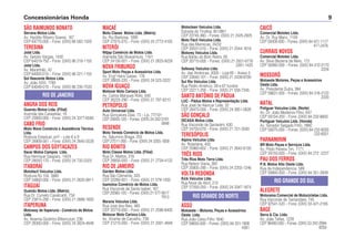 SÃO RAIMUNDO NONATO
Serrana Motos Ltda.
Av. Hipólito Ribeiro Soares, 167
CEP 64770-000 – Fone: (0XX) 86 582-1500
TERESINA
Jotal Ltda.
Av. Getúlio Vargas, 1430
CEP 64019-750 – Fone: (0XX) 86 218-1150
Jotal Ltda.
Av. Maranhão, 42
CEP 64000-010 – Fone: (0XX) 86 221-1155
Sol Nascente Motos Ltda.
Av. João XXIII, 1760
CEP 64049-010 – Fone: (0XX) 86 235-7533
ANGRA DOS REIS
Guandu Motos Ltda. (Filial)
Avenida das Caravelas, 18
CEP 23900-000 – Fone: (0XX) 24 3377-6580
CABO FRIO
Moto Wave Comércio e Assistência Técnica
Ltda.
Rodovia Estadual, s/nº – Lote 6 à 9
CEP 28909-581 – Fone: (0XX) 24 2645-5528
CAMPOS DOS GOYTACAZES
Itacar Motos Campos Ltda.
Rua Henrique Gaspary, 14/24
CEP 28050-170 – Fone: (0XX) 24 732-2323
ITABORAÍ
Motofacil Veículos Ltda.
Rodovia RJ 104, 3980
CEP 24800-000 – Fone: (0XX) 21 2635-9911
ITAGUAÍ
Guandu Motos Ltda. (Matriz)
Rua Dr. Curvelo Cavalcanti, 734
CEP 23815-290 – Fone: (0XX) 21 2688-1600
ITAPERUNA
Motoway de Itaperuna - Comércio de Motos
Ltda.
Av. Noemia Godinho Bittencourt, 236
CEP 28300-000 – Fone: (0XX) 24 3824-4848
RIO DE JANEIRO
MACAÉ
Moto Classe Motos Ltda. (Matriz)
Av. Rui Barbosa, 1895
CEP 27915-010 – Fone: (0XX) 24 2772-4165
NITERÓI
Nitjap Comércio de Motos Ltda.
Alameda São Boaventura, 1161
CEP 24130-001 – Fone: (0XX) 21 2625-9229
NOVA FRIBURGO
Sport Moto Peças e Acessórios Ltda.
Av. Engº Hans Gaiser, 176
CEP 28605-220 – Fone: (0XX) 24 523-3322
NOVA IGUAÇÚ
Motocar Moto Carioca Ltda.
Av. Carlos Marques Rollo, 640
CEP 26225-290 – Fone: (0XX) 21 797-8210
PETRÓPOLIS
Auto Universal Ltda.
Rua Gonçalves Dias, 73 – Ljs. 77/101
CEP 25655-120 – Fones: (0XX) 24 242-3191
0848
RESENDE
Moto Vereda Comércio de Motos Ltda.
Av. Saturnino Braga, 255
CEP 27511-300 – Fone: (0XX) 24 3355-1858
RIO BONITO
Moto Classe Motos Ltda. (Filial)
Rua Dr. Mattos, 318
CEP 28800-000 – Fone: (0XX) 21 2734-4122
RIO DE JANEIRO
Garden Motos Ltda.
Rua São Clemente, 325
CEP 22260-001 – Fone: (0XX) 21 579-1200
Isamotos Comércio de Motos Ltda.
Rua Visconde de Santa Isabel, 167
CEP 20560-120 – Fones: (0XX) 21 577-5617
7913
Marana Veículos Ltda.
Rua José dos Reis, 465
CEP 20770-050 – Fone: (0XX) 21 2596-6400
Motocar Moto Carioca Ltda.
Av. Vicente de Carvalho, 739
CEP 21210-000 – Fone: (0XX) 21 3301-4848
Motoclean Veículos Ltda.
Estrada do Tindiba, 851/861
CEP 22740-360 – Fones: (0XX) 21 2425-2925
Moto Fácil Veículos Ltda.
Rua das Marrecas, 24/32
CEP 20031-010 – Fone: (0XX) 21 2544-1618
Motorey Veículos Ltda.
Rua Barão do Bom Retiro, 65
CEP 20715-000 – Fones: (0XX) 21 2501-6778
2281-1425
Safeway Veículos Ltda.
Av. das Américas, 2000 – Loja 65 – Anexo 5
CEP 22640-101 – Fone: (0XX) 21 2439-9700
Sul Rio Veículos Ltda.
Rua Pedro Américo, 59 e 67 fundos
CEP 22211-200 – Fone: (0XX) 21 558-7345
SANTO ANTÔNIO DE PÁDUA
LUC - Pádua Motos e Representação Ltda.
Rua José de Alencar Leite, 32
CEP 28470-000 – Fone: (0XX) 24 3851-0626
SÃO GONÇALO
DICASA Motos Ltda.
Rua Visconde de Santarém, 630
CEP 24750-070 – Fone: (0XX) 21 701-3593
TERESÓPOLIS
Alpina Veículos Ltda.
Av. Rotariana, 400
CEP 25960-602 – Fone: (0XX) 21 2642-6100
TRÊS RIOS
Três Rios Moto Terra Ltda.
Rua Nelson Viana, 382
CEP 25805-290 – Fone: (0XX) 24 2255-1246
VOLTA REDONDA
Kick Veículos Ltda.
Rua Nove de Abril, 212
CEP 27293-250 – Fone: (0XX) 24 3347-1874
ASSÚ
Motoeste – Motores, Peças e Acessórios
Oeste Ltda.
Rua João Celso Filho 1640
CEP 59650-000 – Fones: (0XX) 84 331-1908
4381
RIO GRANDE DO NORTE
CAICÓ
Comercial Mototec Ltda.
Av. Dr. Ruy Mariz, 1109
CEP 59300-000 – Fones: (0XX) 84 421-1117
417-2476
CURRAIS NOVOS
Comercial Mototec Ltda.
Av. Sílvio Bezerra de Melo, 172
CEP 59380-000 – Fones: (0XX) 84 412-2170
2234
MOSSORÓ
Motoeste Motores, Peças e Acessórios
Oeste Ltda.
Av. Presidente Dutra, 384
CEP 59631-000 – Fones: (0XX) 84 316-2122
2220
NATAL
Potiguar Veículos Ltda. (Norte)
Av. Dr. João Medeiros Filho, 647
CEP 59104-200 – Fone: (0XX) 84 232-6600
Portiguar Veículos Ltda. (Honda)
Av. Senador Salgado Filho, 2860
CEP 59075-000 – Fones: (0XX) 84 232-6000
232-6001
PARNAMIRIM
BR Moto Peças e Serviços Ltda.
Av. Piloto Pereira Tim, 1171
CEP 59150-000 – Fone: (0XX) 84 272 -2227
PAU DOS FERROS
P.N. Motos Alto Oeste Ltda.
Rua da Independencia, 589
CEP 59900-000 – Fone: (0XX) 84 351-3939
ALEGRETE
Motorama Comercial de Motocicletas Ltda.
Rua Visconde de Tamandaré, 745
CEP 97541-520 – Fone: (0XX) 55 421-2165
BAGÉ
Serra & Cia. Ltda.
Av. João Telles, 1228
CEP 96400-030 – Fones: (0XX) 53 242-2894
8259
RIO GRANDE DO SUL
Concessionárias Honda 9
 