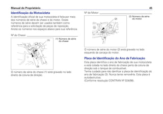 Nº do Motor: _________________________________________
O número de série do motor (2) está gravado no lado
esquerdo da carcaça do motor.
Placa de Identificação do Ano de Fabricação
Esta placa identifica o ano de fabricação de sua motocicleta
e está colada no lado direito do chassi perto da coluna de
direção sob o tanque de combustível.
Tenha cuidado para não danificar a placa de identificação do
ano de fabricação (3). Nunca tente removê-la. Esta placa é
autodestrutiva.
(Conforme resolução CONTRAN Nº 024/98).
Manual do Proprietário 45
Identificação da Motocicleta
A identificação oficial de sua motocicleta é feita por meio
dos números de série do chassi e do motor. Esses
números de série devem ser usados também como
referência para a solicitação de peças de reposição.
Anote os números nos espaços abaixo para sua referência.
Nº do Chassi: ________________________________________
O número de série do chassi (1) está gravado no lado
direito da coluna de direção.
(1) Número de série
do chassi
(2) Número de série
do motor
(1)
(3)
(2)
 