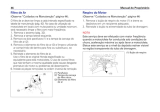 Manual do Proprietário46
Filtro de Ar
(Observe “Cuidados na Manutenção” página 44).
O filtro de ar deve ser limpo a cada intervalo especificado na
tabela de manutenção (pág. 42). No caso de utilização da
motocicleta em locais com muita poeira ou umidade incomum,
será necessário limpar o filtro com maior freqüência.
1. Remova o assento (pág. 32).
2. Remova a tampa lateral esquerda.
3. Remova os dois parafusos (1) e a tampa da carcaça do
filtro de ar (2).
4. Remova o elemento do filtro de ar (3) e limpe-o utilizando
ar comprimido de dentro para fora ou substitua-o, se
necessário.
5. Reinstale o elemento do filtro de ar.
Use o filtro de ar original Honda especificado ou
equivalente para esta motocicleta. O uso de outros filtros
que não tenham a mesma qualidade pode causar desgaste
prematuro do motor ou problemas de desempenho.
6. Instale as peças removidas na ordem inversa da remoção.
Respiro do Motor
(Observe “Cuidados na Manutenção” página 44)
1. Remova o bujão de respiro do motor (1) e drene os
depósitos em um recipiente adequado.
2. Reinstale o bujão na extremidade do tubo de drenagem.
NOTA
Este serviço deve ser efetuado com maior freqüência
quando a motocicleta for conduzida sob condições de
chuva, aceleração máxima ou após lavar a motocicleta.
Efetue este serviço se o nível do depósito estiver visível
na região transparente do tubo de drenagem.
(1) Parafusos
(2) Tampa da carcaça
do filtro de ar
(3) Elemento do filtro
de ar
(2)
(1)
(3)
(1) Bujão de respiro
(1)
 