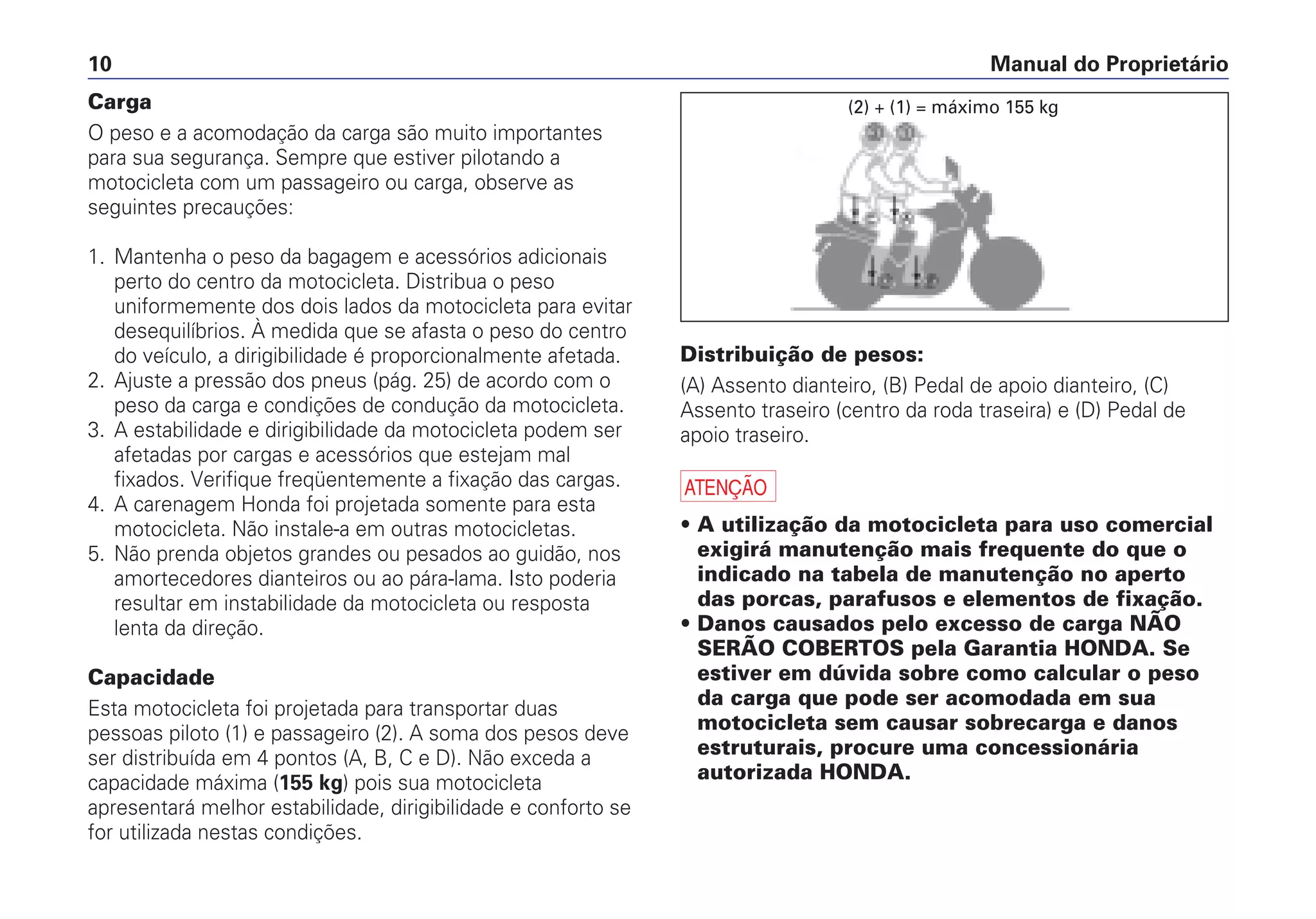 Manual do Proprietário10
Carga
O peso e a acomodação da carga são muito importantes
para sua segurança. Sempre que estiver pilotando a
motocicleta com um passageiro ou carga, observe as
seguintes precauções:
1. Mantenha o peso da bagagem e acessórios adicionais
perto do centro da motocicleta. Distribua o peso
uniformemente dos dois lados da motocicleta para evitar
desequilíbrios. À medida que se afasta o peso do centro
do veículo, a dirigibilidade é proporcionalmente afetada.
2. Ajuste a pressão dos pneus (pág. 25) de acordo com o
peso da carga e condições de condução da motocicleta.
3. A estabilidade e dirigibilidade da motocicleta podem ser
afetadas por cargas e acessórios que estejam mal
fixados. Verifique freqüentemente a fixação das cargas.
4. A carenagem Honda foi projetada somente para esta
motocicleta. Não instale-a em outras motocicletas.
5. Não prenda objetos grandes ou pesados ao guidão, nos
amortecedores dianteiros ou ao pára-lama. Isto poderia
resultar em instabilidade da motocicleta ou resposta
lenta da direção.
Capacidade
Esta motocicleta foi projetada para transportar duas
pessoas piloto (1) e passageiro (2). A soma dos pesos deve
ser distribuída em 4 pontos (A, B, C e D). Não exceda a
capacidade máxima (155 kg) pois sua motocicleta
apresentará melhor estabilidade, dirigibilidade e conforto se
for utilizada nestas condições.
Distribuição de pesos:
(A) Assento dianteiro, (B) Pedal de apoio dianteiro, (C)
Assento traseiro (centro da roda traseira) e (D) Pedal de
apoio traseiro.
a
• A utilização da motocicleta para uso comercial
exigirá manutenção mais frequente do que o
indicado na tabela de manutenção no aperto
das porcas, parafusos e elementos de fixação.
• Danos causados pelo excesso de carga NÃO
SERÃO COBERTOS pela Garantia HONDA. Se
estiver em dúvida sobre como calcular o peso
da carga que pode ser acomodada em sua
motocicleta sem causar sobrecarga e danos
estruturais, procure uma concessionária
autorizada HONDA.
(2) + (1) = máximo 155 kg
 