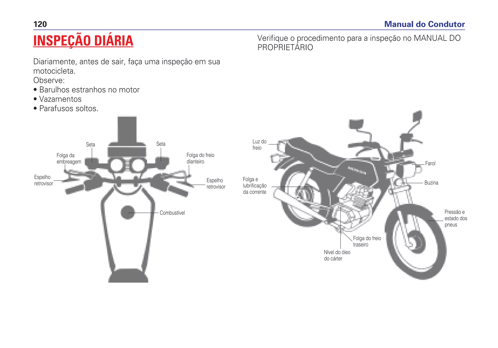 INSPEÇÃO DIÁRIA
Diariamente, antes de sair, faça uma inspeção em sua
motocicleta.
Observe:
• Barulhos estranhos no motor
• Vazamentos
• Parafusos soltos.
Manual do Condutor120
SetaSeta
Folga da
embreagem
Combustível
Espelho
retrovisor
Espelho
retrovisor
Folga do freio
dianteiro
Buzina
Farol
Luz do
freio
Folga e
lubrificação
da corrente
Nível do óleo
do cárter
Folga do freio
traseiro
Pressão e
estado dos
pneus
Verifique o procedimento para a inspeção no MANUAL DO
PROPRIETÁRIO
 