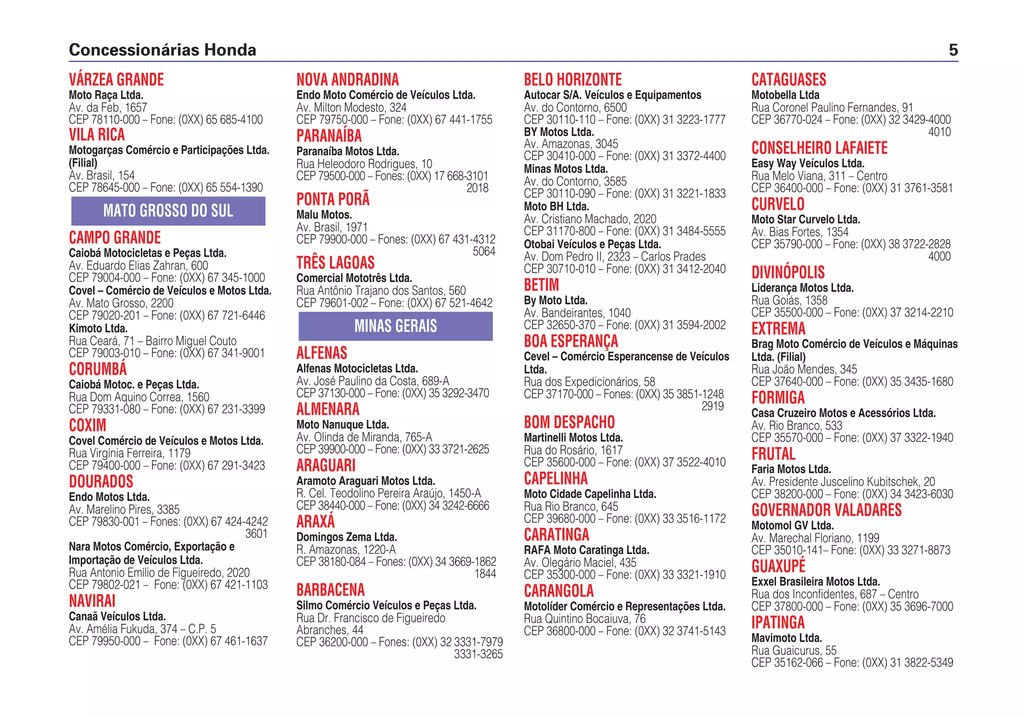 VÁRZEA GRANDE
Moto Raça Ltda.
Av. da Feb, 1657
CEP 78110-000 – Fone: (0XX) 65 685-4100
VILA RICA
Motogarças Comércio e Participações Ltda.
(Filial)
Av. Brasil, 154
CEP 78645-000 – Fone: (0XX) 65 554-1390
CAMPO GRANDE
Caiobá Motocicletas e Peças Ltda.
Av. Eduardo Elias Zahran, 600
CEP 79004-000 – Fone: (0XX) 67 345-1000
Covel – Comércio de Veículos e Motos Ltda.
Av. Mato Grosso, 2200
CEP 79020-201 – Fone: (0XX) 67 721-6446
Kimoto Ltda.
Rua Ceará, 71 – Bairro Miguel Couto
CEP 79003-010 – Fone: (0XX) 67 341-9001
CORUMBÁ
Caiobá Motoc. e Peças Ltda.
Rua Dom Aquino Correa, 1560
CEP 79331-080 – Fone: (0XX) 67 231-3399
COXIM
Covel Comércio de Veículos e Motos Ltda.
Rua Virgínia Ferreira, 1179
CEP 79400-000 – Fone: (0XX) 67 291-3423
DOURADOS
Endo Motos Ltda.
Av. Marelino Pires, 3385
CEP 79830-001 – Fones: (0XX) 67 424-4242
3601
Nara Motos Comércio, Exportação e
Importação de Veículos Ltda.
Rua Antonio Emílio de Figueiredo, 2020
CEP 79802-021 – Fone: (0XX) 67 421-1103
NAVIRAI
Canaã Veículos Ltda.
Av. Amélia Fukuda, 374 – C.P. 5
CEP 79950-000 – Fone: (0XX) 67 461-1637
MATO GROSSO DO SUL
NOVA ANDRADINA
Endo Moto Comércio de Veículos Ltda.
Av. Milton Modesto, 324
CEP 79750-000 – Fone: (0XX) 67 441-1755
PARANAÍBA
Paranaíba Motos Ltda.
Rua Heleodoro Rodrigues, 10
CEP 79500-000 – Fones: (0XX) 17 668-3101
2018
PONTA PORÃ
Malu Motos.
Av. Brasil, 1971
CEP 79900-000 – Fones: (0XX) 67 431-4312
5064
TRÊS LAGOAS
Comercial Mototrês Ltda.
Rua Antônio Trajano dos Santos, 560
CEP 79601-002 – Fone: (0XX) 67 521-4642
ALFENAS
Alfenas Motocicletas Ltda.
Av. José Paulino da Costa, 689-A
CEP 37130-000 – Fone: (0XX) 35 3292-3470
ALMENARA
Moto Nanuque Ltda.
Av. Olinda de Miranda, 765-A
CEP 39900-000 – Fone: (0XX) 33 3721-2625
ARAGUARI
Aramoto Araguari Motos Ltda.
R. Cel. Teodolino Pereira Araújo, 1450-A
CEP 38440-000 – Fone: (0XX) 34 3242-6666
ARAXÁ
Domingos Zema Ltda.
R. Amazonas, 1220-A
CEP 38180-084 – Fones: (0XX) 34 3669-1862
1844
BARBACENA
Silmo Comércio Veículos e Peças Ltda.
Rua Dr. Francisco de Figueiredo
Abranches, 44
CEP 36200-000 – Fones: (0XX) 32 3331-7979
3331-3265
MINAS GERAIS
BELO HORIZONTE
Autocar S/A. Veículos e Equipamentos
Av. do Contorno, 6500
CEP 30110-110 – Fone: (0XX) 31 3223-1777
BY Motos Ltda.
Av. Amazonas, 3045
CEP 30410-000 – Fone: (0XX) 31 3372-4400
Minas Motos Ltda.
Av. do Contorno, 3585
CEP 30110-090 – Fone: (0XX) 31 3221-1833
Moto BH Ltda.
Av. Cristiano Machado, 2020
CEP 31170-800 – Fone: (0XX) 31 3484-5555
Otobai Veículos e Peças Ltda.
Av. Dom Pedro II, 2323 – Carlos Prades
CEP 30710-010 – Fone: (0XX) 31 3412-2040
BETIM
By Moto Ltda.
Av. Bandeirantes, 1040
CEP 32650-370 – Fone: (0XX) 31 3594-2002
BOA ESPERANÇA
Cevel – Comércio Esperancense de Veículos
Ltda.
Rua dos Expedicionários, 58
CEP 37170-000 – Fones: (0XX) 35 3851-1248
2919
BOM DESPACHO
Martinelli Motos Ltda.
Rua do Rosário, 1617
CEP 35600-000 – Fone: (0XX) 37 3522-4010
CAPELINHA
Moto Cidade Capelinha Ltda.
Rua Rio Branco, 645
CEP 39680-000 – Fone: (0XX) 33 3516-1172
CARATINGA
RAFA Moto Caratinga Ltda.
Av. Olegário Maciel, 435
CEP 35300-000 – Fone: (0XX) 33 3321-1910
CARANGOLA
Motolíder Comércio e Representações Ltda.
Rua Quintino Bocaiuva, 76
CEP 36800-000 – Fone: (0XX) 32 3741-5143
CATAGUASES
Motobella Ltda
Rua Coronel Paulino Fernandes, 91
CEP 36770-024 – Fone: (0XX) 32 3429-4000
4010
CONSELHEIRO LAFAIETE
Easy Way Veículos Ltda.
Rua Melo Viana, 311 – Centro
CEP 36400-000 – Fone: (0XX) 31 3761-3581
CURVELO
Moto Star Curvelo Ltda.
Av. Bias Fortes, 1354
CEP 35790-000 – Fone: (0XX) 38 3722-2828
4000
DIVINÓPOLIS
Liderança Motos Ltda.
Rua Goiás, 1358
CEP 35500-000 – Fone: (0XX) 37 3214-2210
EXTREMA
Brag Moto Comércio de Veículos e Máquinas
Ltda. (Filial)
Rua João Mendes, 345
CEP 37640-000 – Fone: (0XX) 35 3435-1680
FORMIGA
Casa Cruzeiro Motos e Acessórios Ltda.
Av. Rio Branco, 533
CEP 35570-000 – Fone: (0XX) 37 3322-1940
FRUTAL
Faria Motos Ltda.
Av. Presidente Juscelino Kubitschek, 20
CEP 38200-000 – Fone: (0XX) 34 3423-6030
GOVERNADOR VALADARES
Motomol GV Ltda.
Av. Marechal Floriano, 1199
CEP 35010-141– Fone: (0XX) 33 3271-8873
GUAXUPÉ
Exxel Brasileira Motos Ltda.
Rua dos Inconfidentes, 687 – Centro
CEP 37800-000 – Fone: (0XX) 35 3696-7000
IPATINGA
Mavimoto Ltda.
Rua Guaicurus, 55
CEP 35162-066 – Fone: (0XX) 31 3822-5349
Concessionárias Honda 5
 