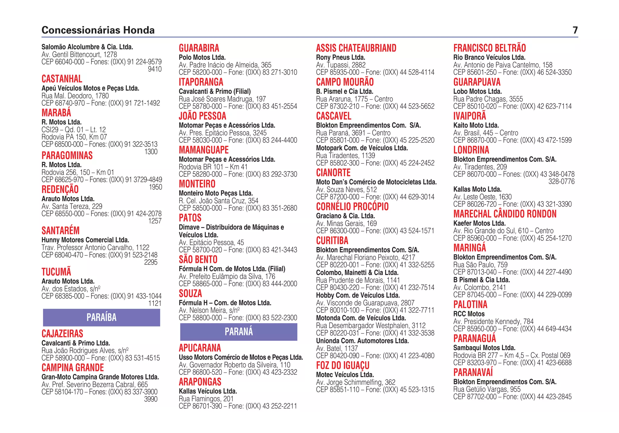 Salomão Alcolumbre & Cia. Ltda.
Av. Gentil Bittencourt, 1278
CEP 66040-000 – Fones: (0XX) 91 224-9579
9410
CASTANHAL
Apeú Veículos Motos e Peças Ltda.
Rua Mal. Deodoro, 1780
CEP 68740-970 – Fone: (0XX) 91 721-1492
MARABÁ
R. Motos Ltda.
CSI29 – Qd. 01 – Lt. 12
Rodovia PA 150, Km 07
CEP 68500-000 – Fones: (0XX) 91 322-3513
1300
PARAGOMINAS
R. Motos Ltda.
Rodovia 256, 150 – Km 01
CEP 68625-970 – Fones: (0XX) 91 3729-4849
1950REDENÇÃO
Arauto Motos Ltda.
Av. Santa Tereza, 229
CEP 68550-000 – Fones: (0XX) 91 424-2078
1257
SANTARÉM
Hunny Motores Comercial Ltda.
Trav. Professor Antonio Carvalho, 1122
CEP 68040-470 – Fones: (0XX) 91 523-2148
2295
TUCUMÃ
Arauto Motos Ltda.
Av. dos Estados, s/nº
CEP 68385-000 – Fones: (0XX) 91 433-1044
1121
CAJAZEIRAS
Cavalcanti & Primo Ltda.
Rua João Rodrigues Alves, s/nº
CEP 58900-000 – Fone: (0XX) 83 531-4515
CAMPINA GRANDE
Gran-Moto Campina Grande Motores Ltda.
Av. Pref. Severino Bezerra Cabral, 665
CEP 58104-170 – Fones: (0XX) 83 337-3900
3990
PARAÍBA
GUARABIRA
Polo Motos Ltda.
Av. Padre Inácio de Almeida, 365
CEP 58200-000 – Fone: (0XX) 83 271-3010
ITAPORANGA
Cavalcanti & Primo (Filial)
Rua José Soares Madruga, 197
CEP 58780-000 – Fone: (0XX) 83 451-2554
JOÃO PESSOA
Motomar Peças e Acessórios Ltda.
Av. Pres. Epitácio Pessoa, 3245
CEP 58030-000 – Fone: (0XX) 83 244-4400
MAMANGUAPE
Motomar Peças e Acessórios Ltda.
Rodovia BR 101 – Km 41
CEP 58280-000 – Fone: (0XX) 83 292-3730
MONTEIRO
Monteiro Moto Peças Ltda.
R. Cel. João Santa Cruz, 354
CEP 58500-000 – Fone: (0XX) 83 351-2680
PATOS
Dimave – Distribuidora de Máquinas e
Veículos Ltda.
Av. Epitácio Pessoa, 45
CEP 58700-020 – Fone: (0XX) 83 421-3443
SÃO BENTO
Fórmula H Com. de Motos Ltda. (Filial)
Av. Prefeito Eulâmpio da Silva, 176
CEP 58865-000 – Fone: (0XX) 83 444-2000
SOUZA
Fórmula H – Com. de Motos Ltda.
Av. Nelson Meira, s/nº
CEP 58800-000 – Fone: (0XX) 83 522-2300
APUCARANA
Usso Motors Comércio de Motos e Peças Ltda.
Av. Governador Roberto da Silveira, 110
CEP 86800-520 – Fone: (0XX) 43 423-2332
ARAPONGAS
Kallas Veículos Ltda.
Rua Flamingos, 201
CEP 86701-390 – Fone: (0XX) 43 252-2211
PARANÁ
ASSIS CHATEAUBRIAND
Rony Pneus Ltda.
Av. Tupassi, 2882
CEP 85935-000 – Fone: (0XX) 44 528-4114
CAMPO MOURÃO
B. Pismel e Cia Ltda.
Rua Araruna, 1775 – Centro
CEP 87302-210 – Fone: (0XX) 44 523-5652
CASCAVEL
Blokton Empreendimentos Com. S/A.
Rua Paraná, 3691 – Centro
CEP 85801-000 – Fone: (0XX) 45 225-2520
Motopark Com. de Veículos Ltda.
Rua Tiradentes, 1139
CEP 85802-300 – Fone: (0XX) 45 224-2452
CIANORTE
Moto Dan’s Comércio de Motocicletas Ltda.
Av. Souza Neves, 512
CEP 87200-000 – Fone: (0XX) 44 629-3014
CORNÉLIO PROCÓPIO
Graciano & Cia. Ltda.
Av. Minas Gerais, 169
CEP 86300-000 – Fone: (0XX) 43 524-1571
CURITIBA
Blokton Empreendimentos Com. S/A.
Av. Marechal Floriano Peixoto, 4217
CEP 80220-001 – Fone: (0XX) 41 332-5255
Colombo, Mainetti & Cia Ltda.
Rua Prudente de Morais, 1141
CEP 80430-220 – Fone: (0XX) 41 232-7514
Hobby Com. de Veículos Ltda.
Av. Visconde de Guarapuava, 2807
CEP 80010-100 – Fone: (0XX) 41 322-7711
Motonda Com. de Veículos Ltda.
Rua Desembargador Westphalen, 3112
CEP 80220-031 – Fone: (0XX) 41 332-3538
Unionda Com. Automotores Ltda.
Av. Batel, 1137
CEP 80420-090 – Fone: (0XX) 41 223-4080
FOZ DO IGUAÇU
Motec Veículos Ltda.
Av. Jorge Schimmelfing, 362
CEP 85851-110 – Fone: (0XX) 45 523-1315
FRANCISCO BELTRÃO
Rio Branco Veículos Ltda.
Av. Antonio de Paiva Cantelmo, 158
CEP 85601-250 – Fone: (0XX) 46 524-3350
GUARAPUAVA
Lobo Motos Ltda.
Rua Padre Chagas, 3555
CEP 85010-020 – Fone: (0XX) 42 623-7114
IVAIPORÃ
Kaito Moto Ltda.
Av. Brasil, 445 – Centro
CEP 86870-000 – Fone: (0XX) 43 472-1599
LONDRINA
Blokton Empreendimentos Com. S/A.
Av. Tiradentes, 209
CEP 86070-000 – Fones: (0XX) 43 348-0478
328-0776
Kallas Moto Ltda.
Av. Leste Oeste, 1630
CEP 86026-720 – Fone: (0XX) 43 321-3390
MARECHAL CÂNDIDO RONDON
Kaefer Motos Ltda.
Av. Rio Grande do Sul, 610 – Centro
CEP 85960-000 – Fone: (0XX) 45 254-1270
MARINGÁ
Blokton Empreendimentos Com. S/A.
Rua São Paulo, 759
CEP 87013-040 – Fone: (0XX) 44 227-4490
B Pismel & Cia Ltda.
Av. Colombo, 2141
CEP 87045-000 – Fone: (0XX) 44 229-0099
PALOTINA
RCC Motos
Av. Presidente Kennedy, 784
CEP 85950-000 – Fone: (0XX) 44 649-4434
PARANAGUÁ
Sambaqui Motos Ltda.
Rodovia BR 277 – Km 4,5 – Cx. Postal 069
CEP 83203-970 – Fone: (0XX) 41 423-6688
PARANAVAÍ
Blokton Empreendimentos Com. S/A.
Rua Getúlio Vargas, 955
CEP 87702-000 – Fone: (0XX) 44 423-2845
Concessionárias Honda 7
 