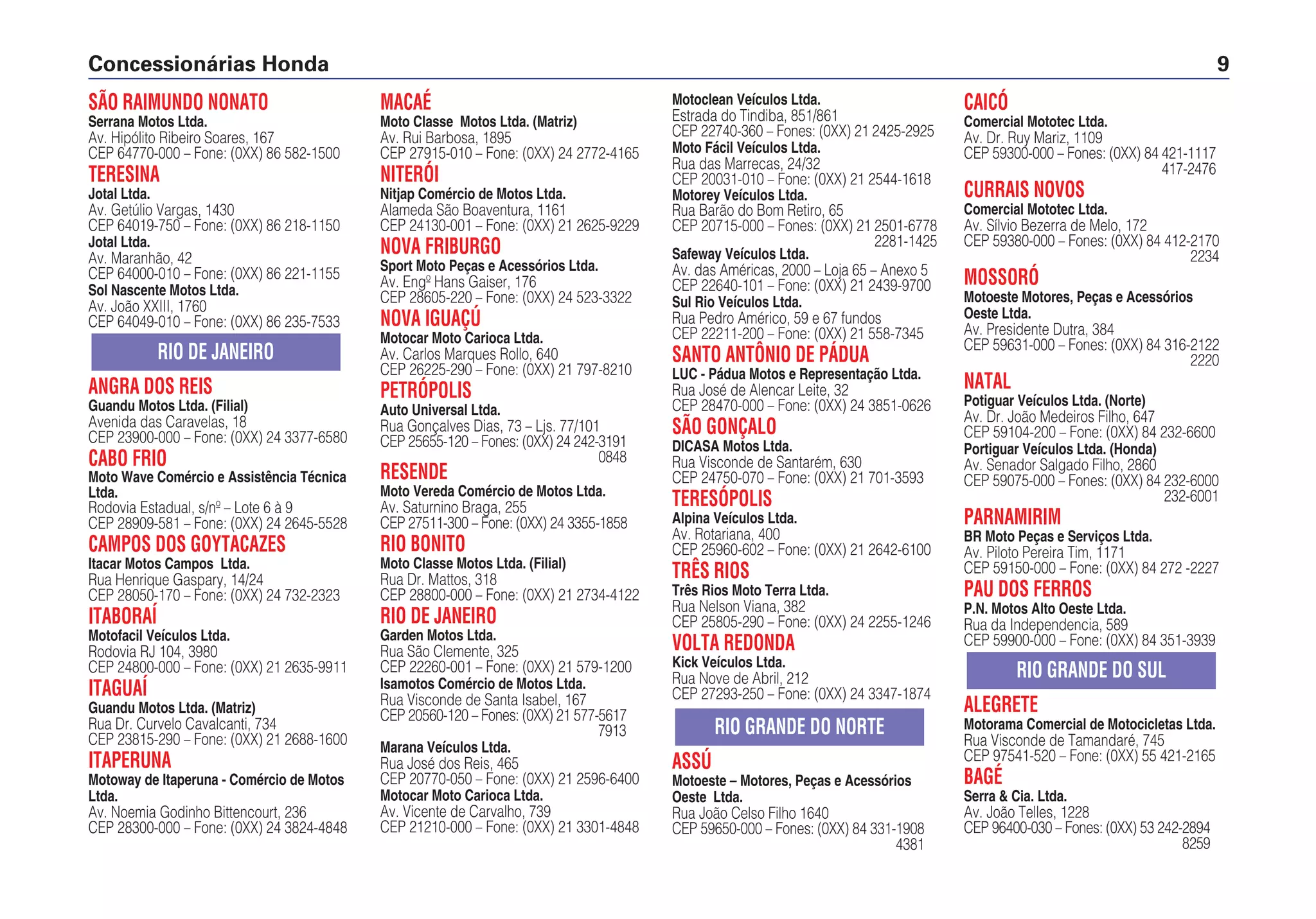 SÃO RAIMUNDO NONATO
Serrana Motos Ltda.
Av. Hipólito Ribeiro Soares, 167
CEP 64770-000 – Fone: (0XX) 86 582-1500
TERESINA
Jotal Ltda.
Av. Getúlio Vargas, 1430
CEP 64019-750 – Fone: (0XX) 86 218-1150
Jotal Ltda.
Av. Maranhão, 42
CEP 64000-010 – Fone: (0XX) 86 221-1155
Sol Nascente Motos Ltda.
Av. João XXIII, 1760
CEP 64049-010 – Fone: (0XX) 86 235-7533
ANGRA DOS REIS
Guandu Motos Ltda. (Filial)
Avenida das Caravelas, 18
CEP 23900-000 – Fone: (0XX) 24 3377-6580
CABO FRIO
Moto Wave Comércio e Assistência Técnica
Ltda.
Rodovia Estadual, s/nº – Lote 6 à 9
CEP 28909-581 – Fone: (0XX) 24 2645-5528
CAMPOS DOS GOYTACAZES
Itacar Motos Campos Ltda.
Rua Henrique Gaspary, 14/24
CEP 28050-170 – Fone: (0XX) 24 732-2323
ITABORAÍ
Motofacil Veículos Ltda.
Rodovia RJ 104, 3980
CEP 24800-000 – Fone: (0XX) 21 2635-9911
ITAGUAÍ
Guandu Motos Ltda. (Matriz)
Rua Dr. Curvelo Cavalcanti, 734
CEP 23815-290 – Fone: (0XX) 21 2688-1600
ITAPERUNA
Motoway de Itaperuna - Comércio de Motos
Ltda.
Av. Noemia Godinho Bittencourt, 236
CEP 28300-000 – Fone: (0XX) 24 3824-4848
RIO DE JANEIRO
MACAÉ
Moto Classe Motos Ltda. (Matriz)
Av. Rui Barbosa, 1895
CEP 27915-010 – Fone: (0XX) 24 2772-4165
NITERÓI
Nitjap Comércio de Motos Ltda.
Alameda São Boaventura, 1161
CEP 24130-001 – Fone: (0XX) 21 2625-9229
NOVA FRIBURGO
Sport Moto Peças e Acessórios Ltda.
Av. Engº Hans Gaiser, 176
CEP 28605-220 – Fone: (0XX) 24 523-3322
NOVA IGUAÇÚ
Motocar Moto Carioca Ltda.
Av. Carlos Marques Rollo, 640
CEP 26225-290 – Fone: (0XX) 21 797-8210
PETRÓPOLIS
Auto Universal Ltda.
Rua Gonçalves Dias, 73 – Ljs. 77/101
CEP 25655-120 – Fones: (0XX) 24 242-3191
0848
RESENDE
Moto Vereda Comércio de Motos Ltda.
Av. Saturnino Braga, 255
CEP 27511-300 – Fone: (0XX) 24 3355-1858
RIO BONITO
Moto Classe Motos Ltda. (Filial)
Rua Dr. Mattos, 318
CEP 28800-000 – Fone: (0XX) 21 2734-4122
RIO DE JANEIRO
Garden Motos Ltda.
Rua São Clemente, 325
CEP 22260-001 – Fone: (0XX) 21 579-1200
Isamotos Comércio de Motos Ltda.
Rua Visconde de Santa Isabel, 167
CEP 20560-120 – Fones: (0XX) 21 577-5617
7913
Marana Veículos Ltda.
Rua José dos Reis, 465
CEP 20770-050 – Fone: (0XX) 21 2596-6400
Motocar Moto Carioca Ltda.
Av. Vicente de Carvalho, 739
CEP 21210-000 – Fone: (0XX) 21 3301-4848
Motoclean Veículos Ltda.
Estrada do Tindiba, 851/861
CEP 22740-360 – Fones: (0XX) 21 2425-2925
Moto Fácil Veículos Ltda.
Rua das Marrecas, 24/32
CEP 20031-010 – Fone: (0XX) 21 2544-1618
Motorey Veículos Ltda.
Rua Barão do Bom Retiro, 65
CEP 20715-000 – Fones: (0XX) 21 2501-6778
2281-1425
Safeway Veículos Ltda.
Av. das Américas, 2000 – Loja 65 – Anexo 5
CEP 22640-101 – Fone: (0XX) 21 2439-9700
Sul Rio Veículos Ltda.
Rua Pedro Américo, 59 e 67 fundos
CEP 22211-200 – Fone: (0XX) 21 558-7345
SANTO ANTÔNIO DE PÁDUA
LUC - Pádua Motos e Representação Ltda.
Rua José de Alencar Leite, 32
CEP 28470-000 – Fone: (0XX) 24 3851-0626
SÃO GONÇALO
DICASA Motos Ltda.
Rua Visconde de Santarém, 630
CEP 24750-070 – Fone: (0XX) 21 701-3593
TERESÓPOLIS
Alpina Veículos Ltda.
Av. Rotariana, 400
CEP 25960-602 – Fone: (0XX) 21 2642-6100
TRÊS RIOS
Três Rios Moto Terra Ltda.
Rua Nelson Viana, 382
CEP 25805-290 – Fone: (0XX) 24 2255-1246
VOLTA REDONDA
Kick Veículos Ltda.
Rua Nove de Abril, 212
CEP 27293-250 – Fone: (0XX) 24 3347-1874
ASSÚ
Motoeste – Motores, Peças e Acessórios
Oeste Ltda.
Rua João Celso Filho 1640
CEP 59650-000 – Fones: (0XX) 84 331-1908
4381
RIO GRANDE DO NORTE
CAICÓ
Comercial Mototec Ltda.
Av. Dr. Ruy Mariz, 1109
CEP 59300-000 – Fones: (0XX) 84 421-1117
417-2476
CURRAIS NOVOS
Comercial Mototec Ltda.
Av. Sílvio Bezerra de Melo, 172
CEP 59380-000 – Fones: (0XX) 84 412-2170
2234
MOSSORÓ
Motoeste Motores, Peças e Acessórios
Oeste Ltda.
Av. Presidente Dutra, 384
CEP 59631-000 – Fones: (0XX) 84 316-2122
2220
NATAL
Potiguar Veículos Ltda. (Norte)
Av. Dr. João Medeiros Filho, 647
CEP 59104-200 – Fone: (0XX) 84 232-6600
Portiguar Veículos Ltda. (Honda)
Av. Senador Salgado Filho, 2860
CEP 59075-000 – Fones: (0XX) 84 232-6000
232-6001
PARNAMIRIM
BR Moto Peças e Serviços Ltda.
Av. Piloto Pereira Tim, 1171
CEP 59150-000 – Fone: (0XX) 84 272 -2227
PAU DOS FERROS
P.N. Motos Alto Oeste Ltda.
Rua da Independencia, 589
CEP 59900-000 – Fone: (0XX) 84 351-3939
ALEGRETE
Motorama Comercial de Motocicletas Ltda.
Rua Visconde de Tamandaré, 745
CEP 97541-520 – Fone: (0XX) 55 421-2165
BAGÉ
Serra & Cia. Ltda.
Av. João Telles, 1228
CEP 96400-030 – Fones: (0XX) 53 242-2894
8259
RIO GRANDE DO SUL
Concessionárias Honda 9
 
