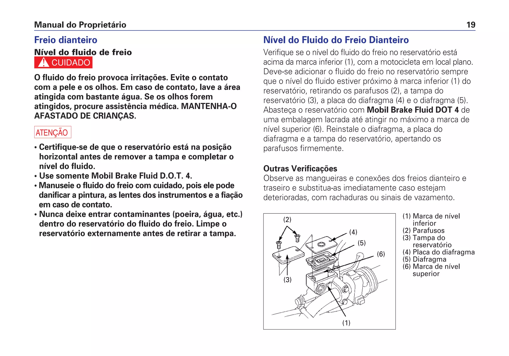 Manual do Proprietário 19
Freio dianteiro
Nível do fluido de freio
c
O fluido do freio provoca irritações. Evite o contato
com a pele e os olhos. Em caso de contato, lave a área
atingida com bastante água. Se os olhos forem
atingidos, procure assistência médica. MANTENHA-O
AFASTADO DE CRIANÇAS.
a
• Certifique-se de que o reservatório está na posição
horizontal antes de remover a tampa e completar o
nível do fluido.
• Use somente Mobil Brake Fluid D.O.T. 4.
• Manuseie o fluido do freio com cuidado, pois ele pode
danificar a pintura, as lentes dos instrumentos e a fiação
em caso de contato.
• Nunca deixe entrar contaminantes (poeira, água, etc.)
dentro do reservatório do fluido do freio. Limpe o
reservatório externamente antes de retirar a tampa.
Nível do Fluido do Freio Dianteiro
Verifique se o nível do fluido do freio no reservatório está
acima da marca inferior (1), com a motocicleta em local plano.
Deve-se adicionar o fluido do freio no reservatório sempre
que o nível do fluido estiver próximo à marca inferior (1) do
reservatório, retirando os parafusos (2), a tampa do
reservatório (3), a placa do diafragma (4) e o diafragma (5).
Abasteça o reservatório com Mobil Brake Fluid DOT 4 de
uma embalagem lacrada até atingir no máximo a marca de
nível superior (6). Reinstale o diafragma, a placa do
diafragma e a tampa do reservatório, apertando os
parafusos firmemente.
Outras Verificações
Observe as mangueiras e conexões dos freios dianteiro e
traseiro e substitua-as imediatamente caso estejam
deterioradas, com rachaduras ou sinais de vazamento.
(5)
(6)
(1)
(3)
(4)
(2) (1) Marca de nível
inferior
(2) Parafusos
(3) Tampa do
reservatório
(4) Placa do diafragma
(5) Diafragma
(6) Marca de nível
superior
 