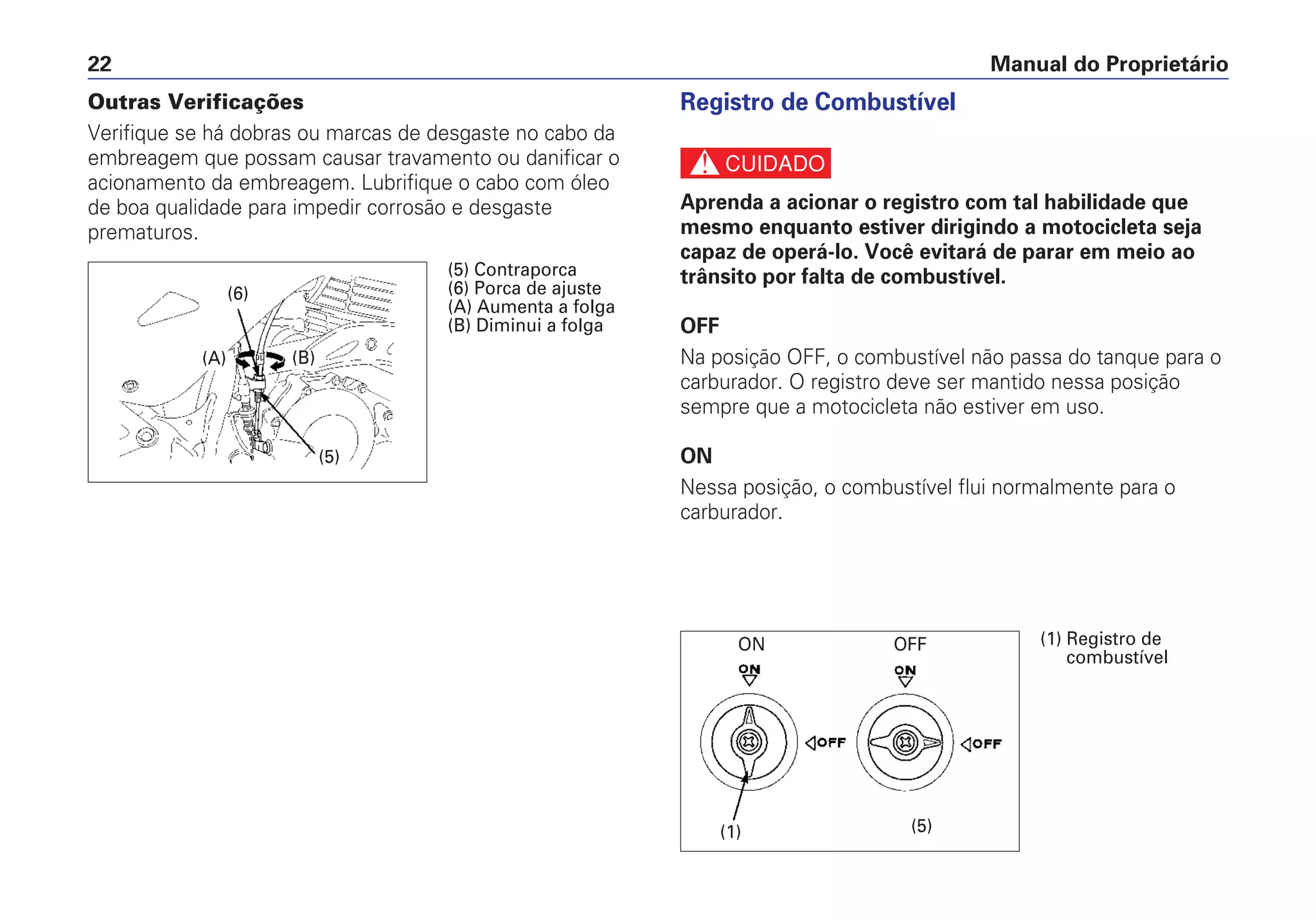 Manual do Proprietário22
Outras Verificações
Verifique se há dobras ou marcas de desgaste no cabo da
embreagem que possam causar travamento ou danificar o
acionamento da embreagem. Lubrifique o cabo com óleo
de boa qualidade para impedir corrosão e desgaste
prematuros.
Registro de Combustível
c
Aprenda a acionar o registro com tal habilidade que
mesmo enquanto estiver dirigindo a motocicleta seja
capaz de operá-lo. Você evitará de parar em meio ao
trânsito por falta de combustível.
OFF
Na posição OFF, o combustível não passa do tanque para o
carburador. O registro deve ser mantido nessa posição
sempre que a motocicleta não estiver em uso.
ON
Nessa posição, o combustível flui normalmente para o
carburador.
(B)(A)
(6)
(5)
(5) Contraporca
(6) Porca de ajuste
(A) Aumenta a folga
(B) Diminui a folga
ON OFF
(1) (5)
(1) Registro de
combustível
 