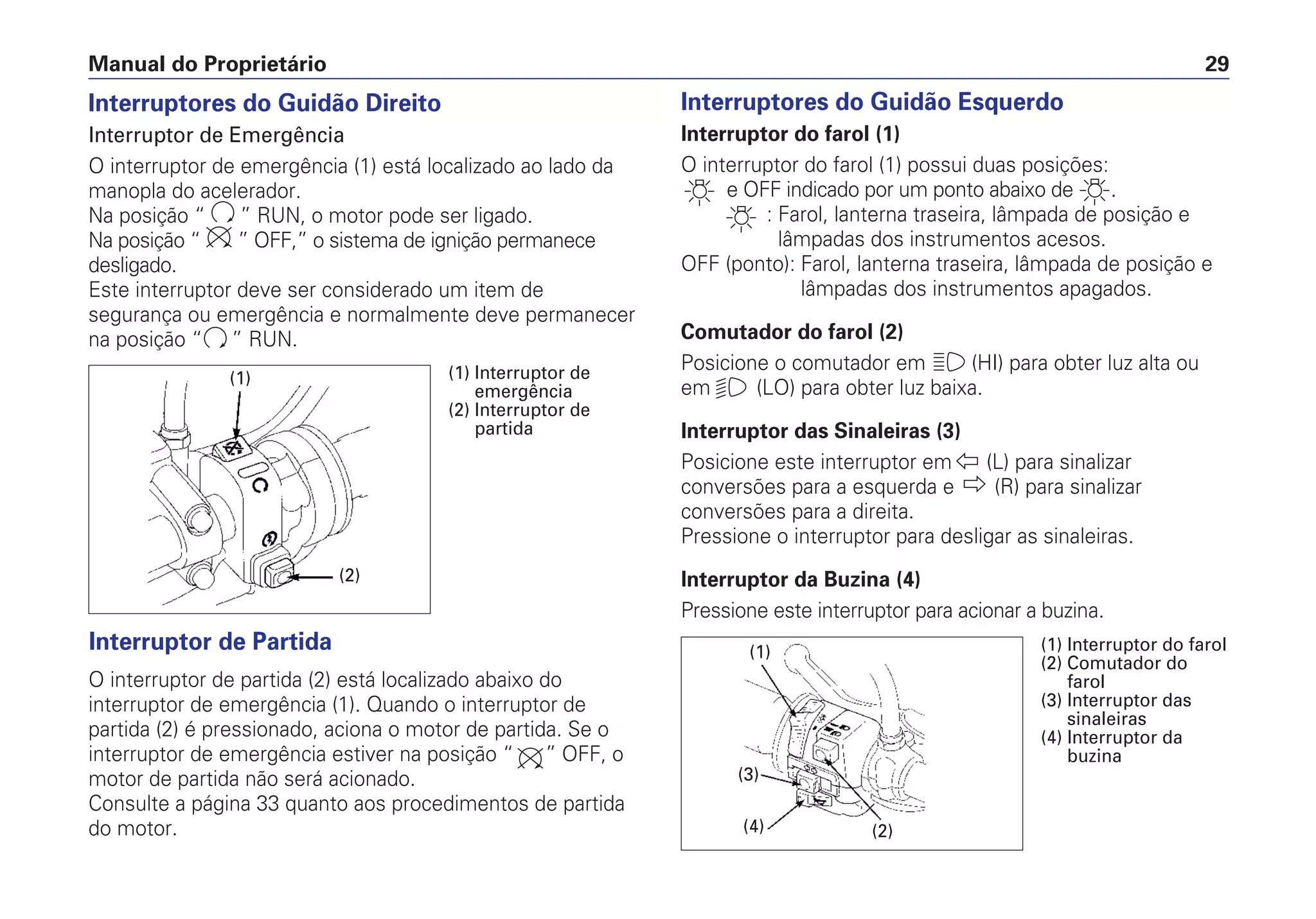 Manual do Proprietário 29
Interruptores do Guidão Direito
Interruptor de Emergência
O interruptor de emergência (1) está localizado ao lado da
manopla do acelerador.
Na posição “ ” RUN, o motor pode ser ligado.
Na posição “ ” OFF,” o sistema de ignição permanece
desligado.
Este interruptor deve ser considerado um item de
segurança ou emergência e normalmente deve permanecer
na posição “ ” RUN.
Interruptor de Partida
O interruptor de partida (2) está localizado abaixo do
interruptor de emergência (1). Quando o interruptor de
partida (2) é pressionado, aciona o motor de partida. Se o
interruptor de emergência estiver na posição “ ” OFF, o
motor de partida não será acionado.
Consulte a página 33 quanto aos procedimentos de partida
do motor.
Interruptores do Guidão Esquerdo
Interruptor do farol (1)
O interruptor do farol (1) possui duas posições:
e OFF indicado por um ponto abaixo de .
: Farol, lanterna traseira, lâmpada de posição e
lâmpadas dos instrumentos acesos.
OFF (ponto): Farol, lanterna traseira, lâmpada de posição e
lâmpadas dos instrumentos apagados.
Comutador do farol (2)
Posicione o comutador em (HI) para obter luz alta ou
em (LO) para obter luz baixa.
Interruptor das Sinaleiras (3)
Posicione este interruptor em (L) para sinalizar
conversões para a esquerda e (R) para sinalizar
conversões para a direita.
Pressione o interruptor para desligar as sinaleiras.
Interruptor da Buzina (4)
Pressione este interruptor para acionar a buzina.
(2)
(1) (1) Interruptor de
emergência
(2) Interruptor de
partida
(2)(4)
(3)
(1) (1) Interruptor do farol
(2) Comutador do
farol
(3) Interruptor das
sinaleiras
(4) Interruptor da
buzina
 