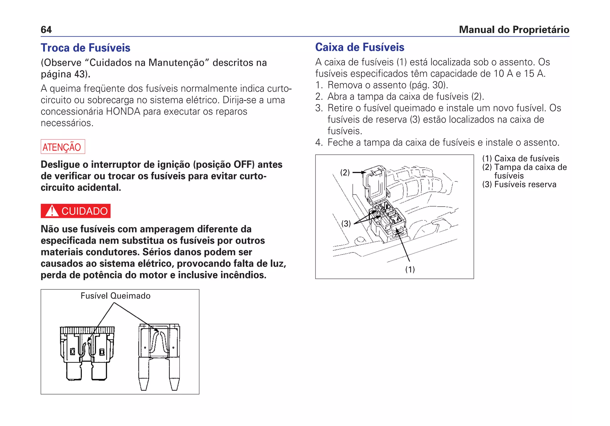 Manual do Proprietário64
Caixa de Fusíveis
A caixa de fusíveis (1) está localizada sob o assento. Os
fusíveis especificados têm capacidade de 10 A e 15 A.
1. Remova o assento (pág. 30).
2. Abra a tampa da caixa de fusíveis (2).
3. Retire o fusível queimado e instale um novo fusível. Os
fusíveis de reserva (3) estão localizados na caixa de
fusíveis.
4. Feche a tampa da caixa de fusíveis e instale o assento.
Troca de Fusíveis
(Observe “Cuidados na Manutenção” descritos na
página 43).
A queima freqüente dos fusíveis normalmente indica curto-
circuito ou sobrecarga no sistema elétrico. Dirija-se a uma
concessionária HONDA para executar os reparos
necessários.
a
Desligue o interruptor de ignição (posição OFF) antes
de verificar ou trocar os fusíveis para evitar curto-
circuito acidental.
c
Não use fusíveis com amperagem diferente da
especificada nem substitua os fusíveis por outros
materiais condutores. Sérios danos podem ser
causados ao sistema elétrico, provocando falta de luz,
perda de potência do motor e inclusive incêndios.
(2)
(1)
(3)
(1) Caixa de fusíveis
(2) Tampa da caixa de
fusíveis
(3) Fusíveis reserva
Fusível Queimado
 